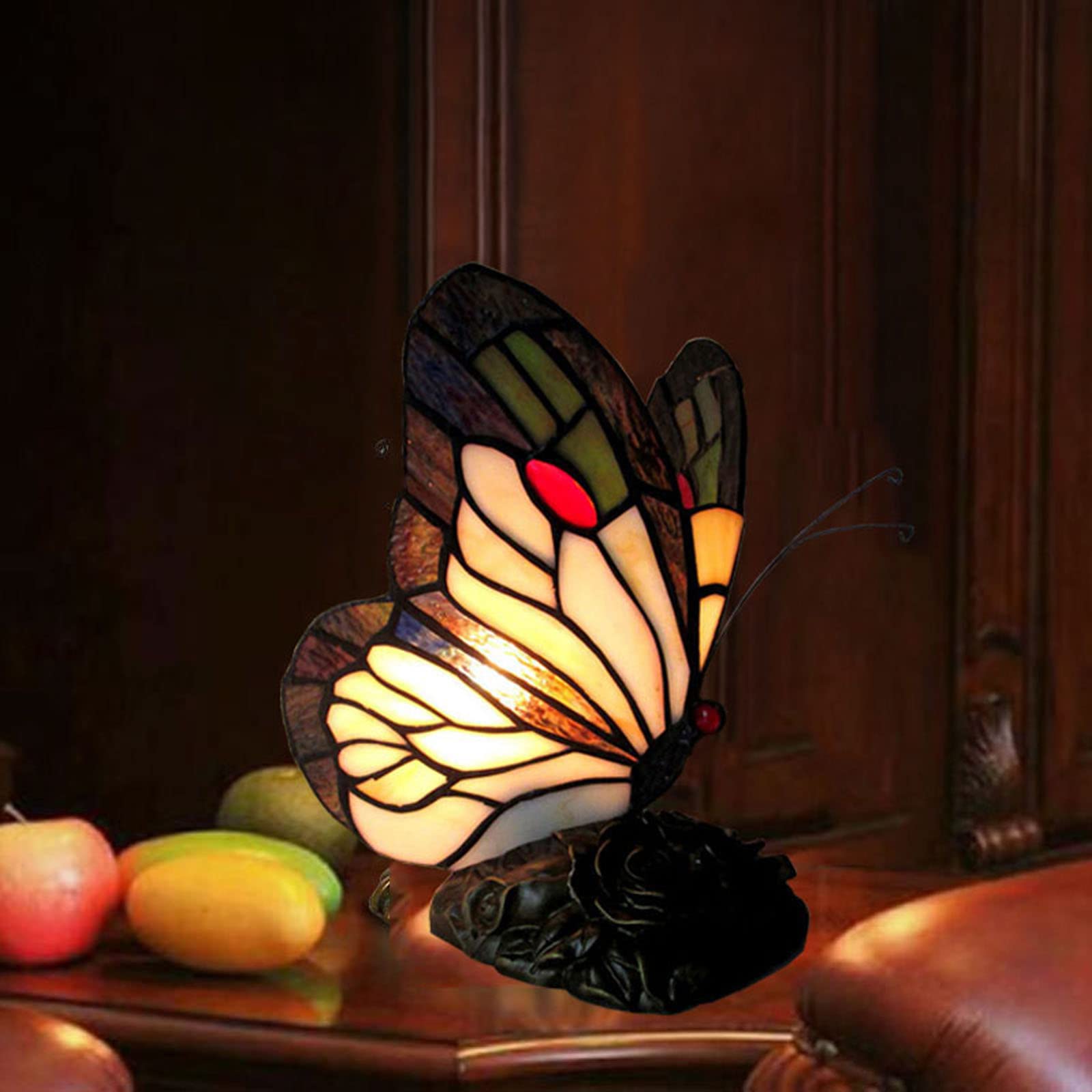 FUMAT Tiffany Bedside Table Lamp - LED Stained Glass Shade, Black & White Butterfly Design, Nightstand Light for Home Office, Gift Box Included