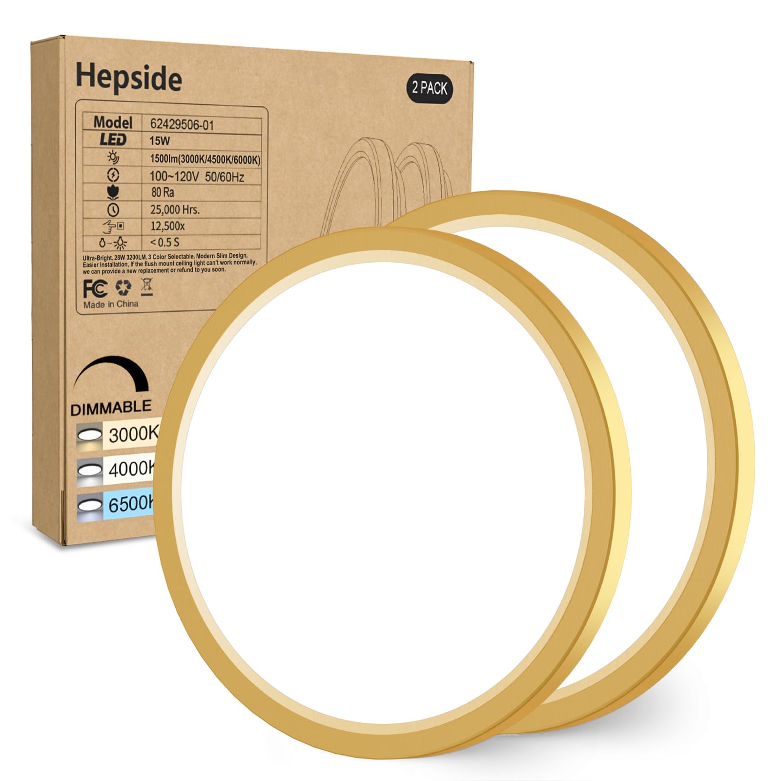 Hepside 2Pack Dimmable Flush Mount Ceiling Light Fixture Golden, 3Cct Selectable 3000/4000/6500K Ceiling Lamp, 7.5Inch 15W 1500L