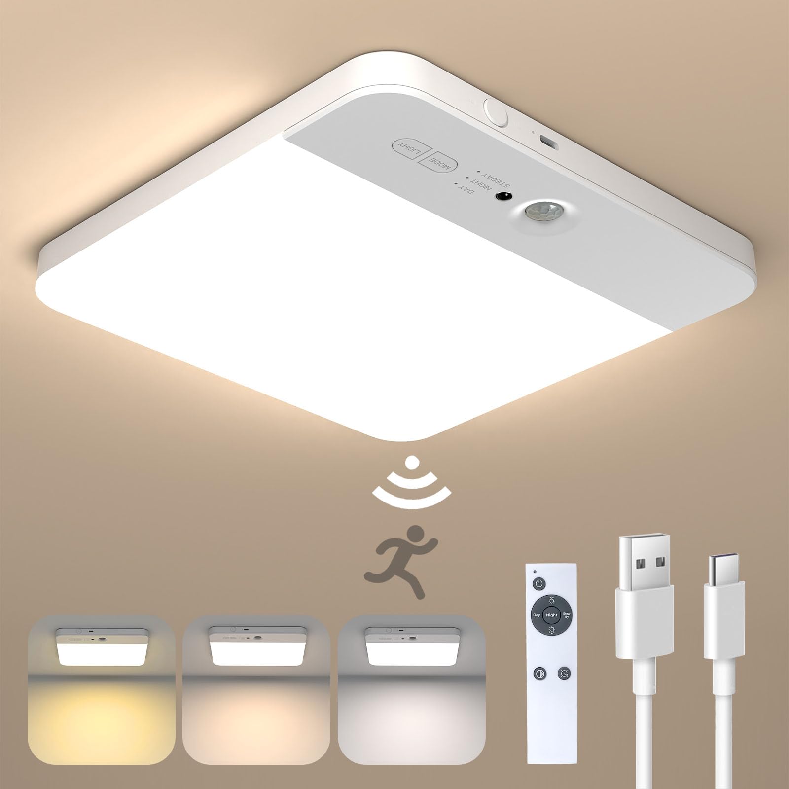 NARUNDREN Rechargeable Motion Sensor Ceiling Light with Remote, Wireless Ceiling Lights Battery Operated Closet Light, 3 Colors 