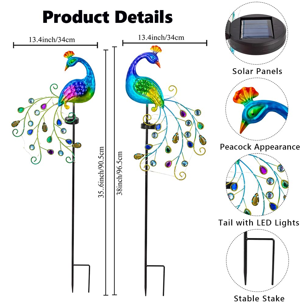 Dreamsoul 2 Pack Peacock Solar Lights Outdoor, Waterproof Metal Peacock Outdoor Solar Lights For Yards Pathway Lawn Decoration P
