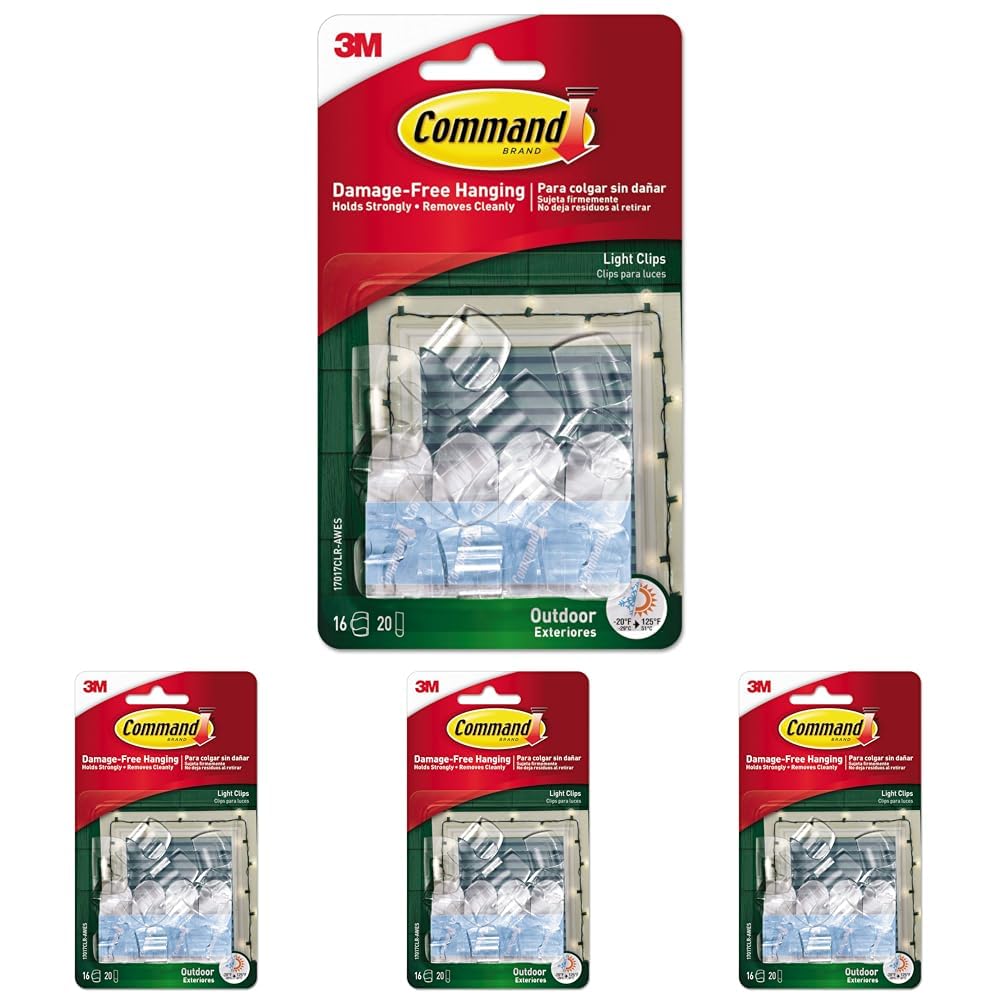 3M 35659954 051141372914 17017CLR-AW Command Outdoor Light Clips with Foam Strips, Pack of 4, Clear/Transparent