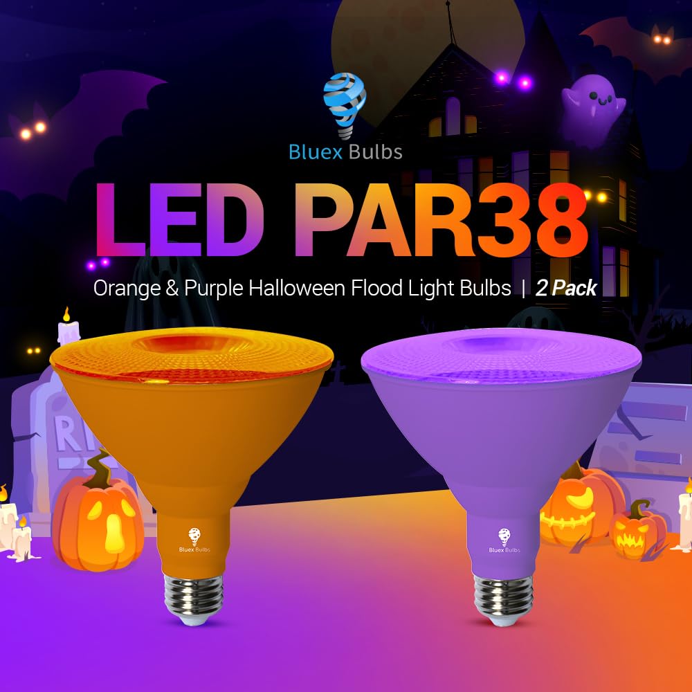 Par38 Led Flood Light Bulb - 18W (120Watt Equivalent) - Dimmable - E26 Base - Led Lights  Party Decoration  Porch  Home Lighting  Holiday Lighting  Flood Lights (Purple+Orange  2 Pack)