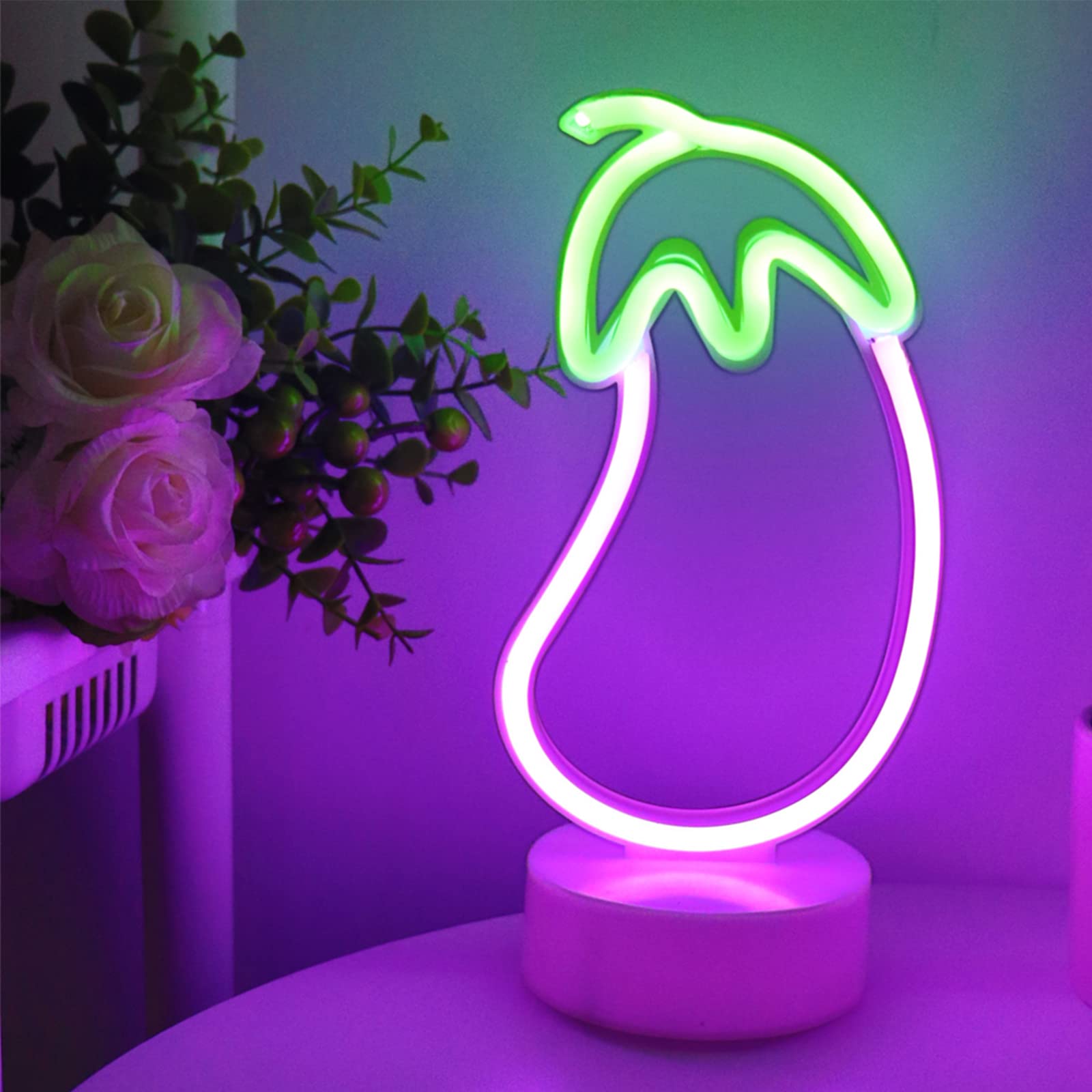 ENUOLI LED Eggplant Neon Sign - USB/Battery Operated Room Decor Light - Purple - Model nNH.Z062 - Eggplant Size