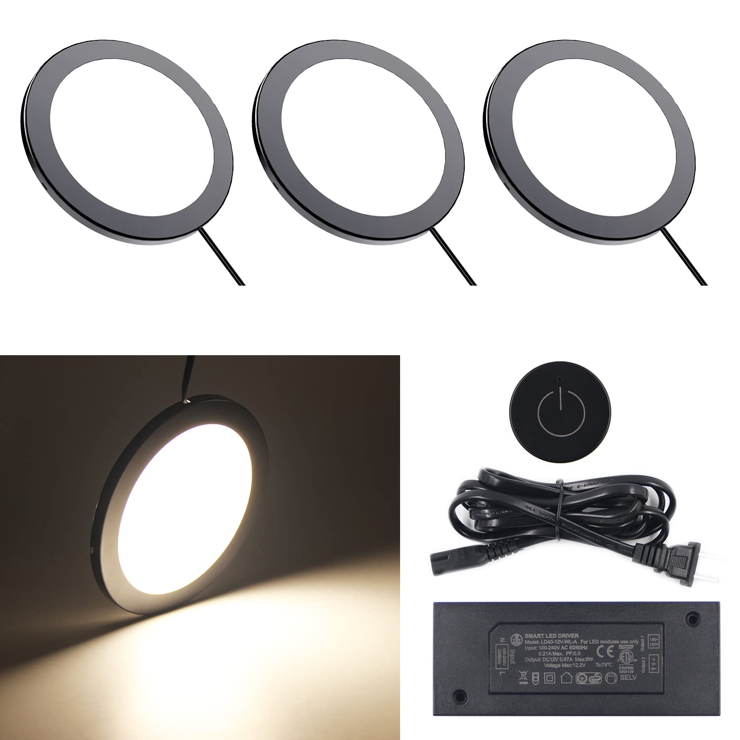 VST Under Cabinet Mini Panel Lighting 3PCS 3.94inch 12V 2.5W with Wireless Dimmer Switch, Round Black, Model PL07