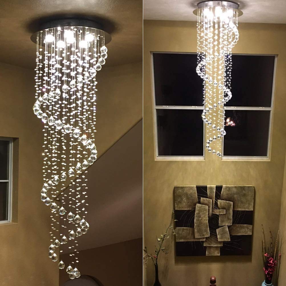 CRYSTOP Modern Contemporary Chandelier Lighting, Crystal, 6 Lights, D20in  x H61in , Silver, Luxury Drop Fixture for Foyer Dining Room Kitchen