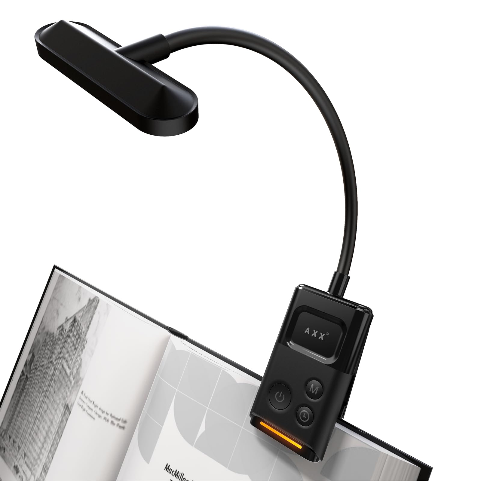 AXX Clip-On Book Light, Rechargeable 1000mAh, 30/60 Min Timer, Portable, Black, Model SD926