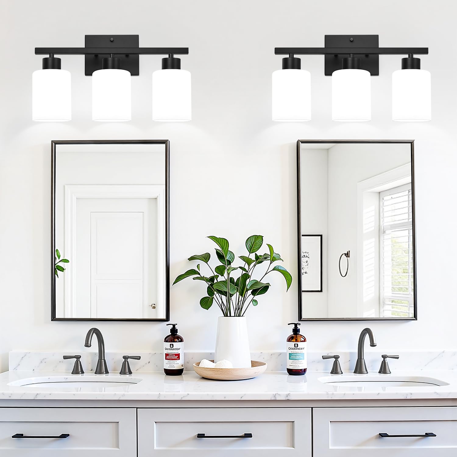 Meybiok 3-Light Bathroom Light Fixtures  Black Vanity Lighting Fixtures With Milky White Frosted Glass Shades  Bathroom Wall Lamp With E26 Socket  For Mirror  Living Room  Bedroom