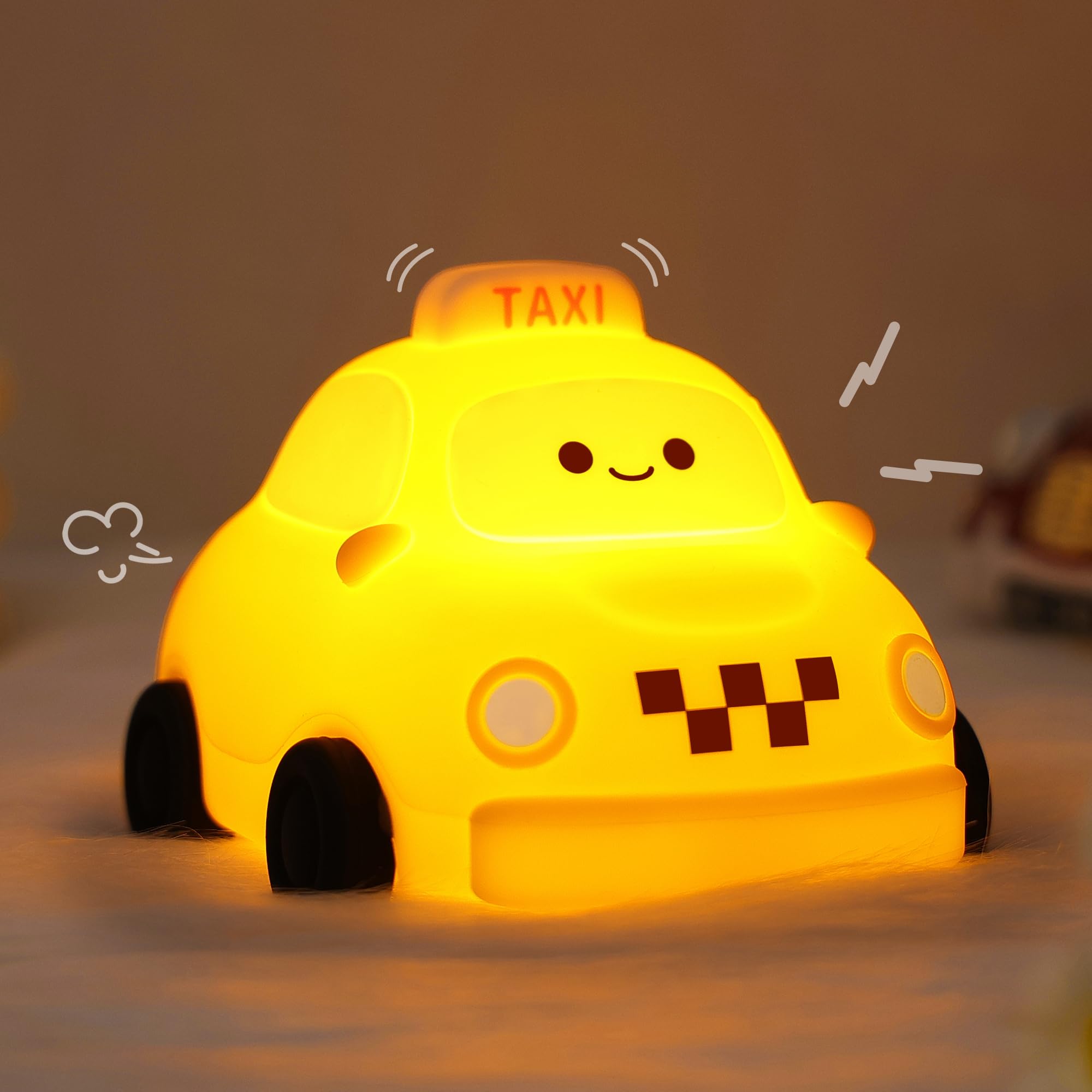 YuanDian Car Night Light, Gifts for Adults Teens and Babies. Decorate Kids Bedroom with Cute Silicone Taxi Toy Nightlights, Chr