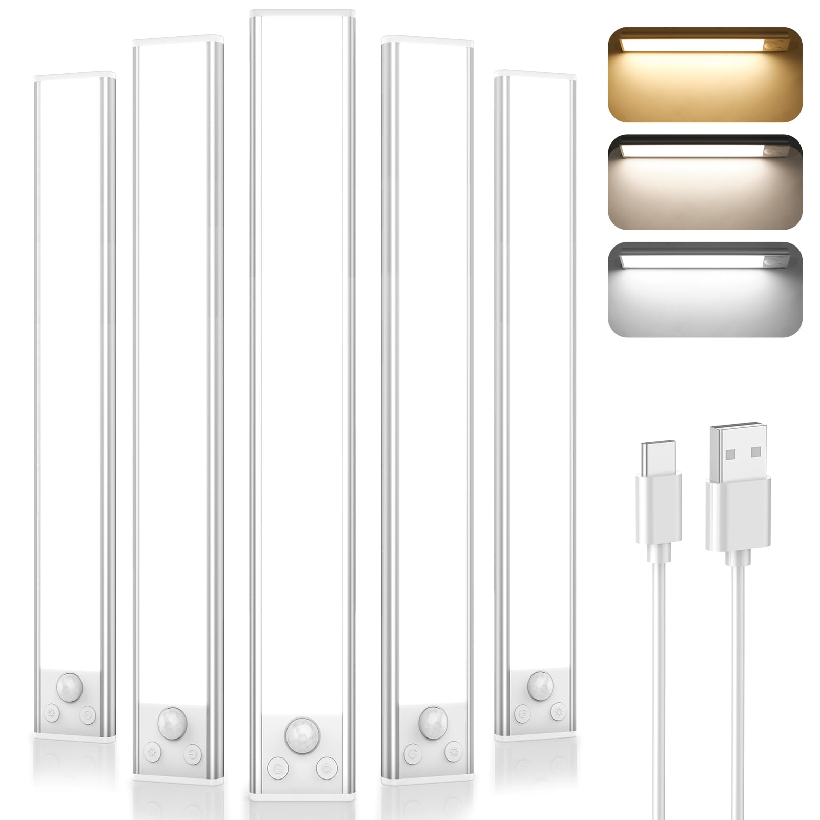 Brightever 5-Pack Under Cabinet Lighting, 14in Acrylic, 3200mAh Battery, Motion Sensor, 108 LED, Dimmable, 3 Color Options