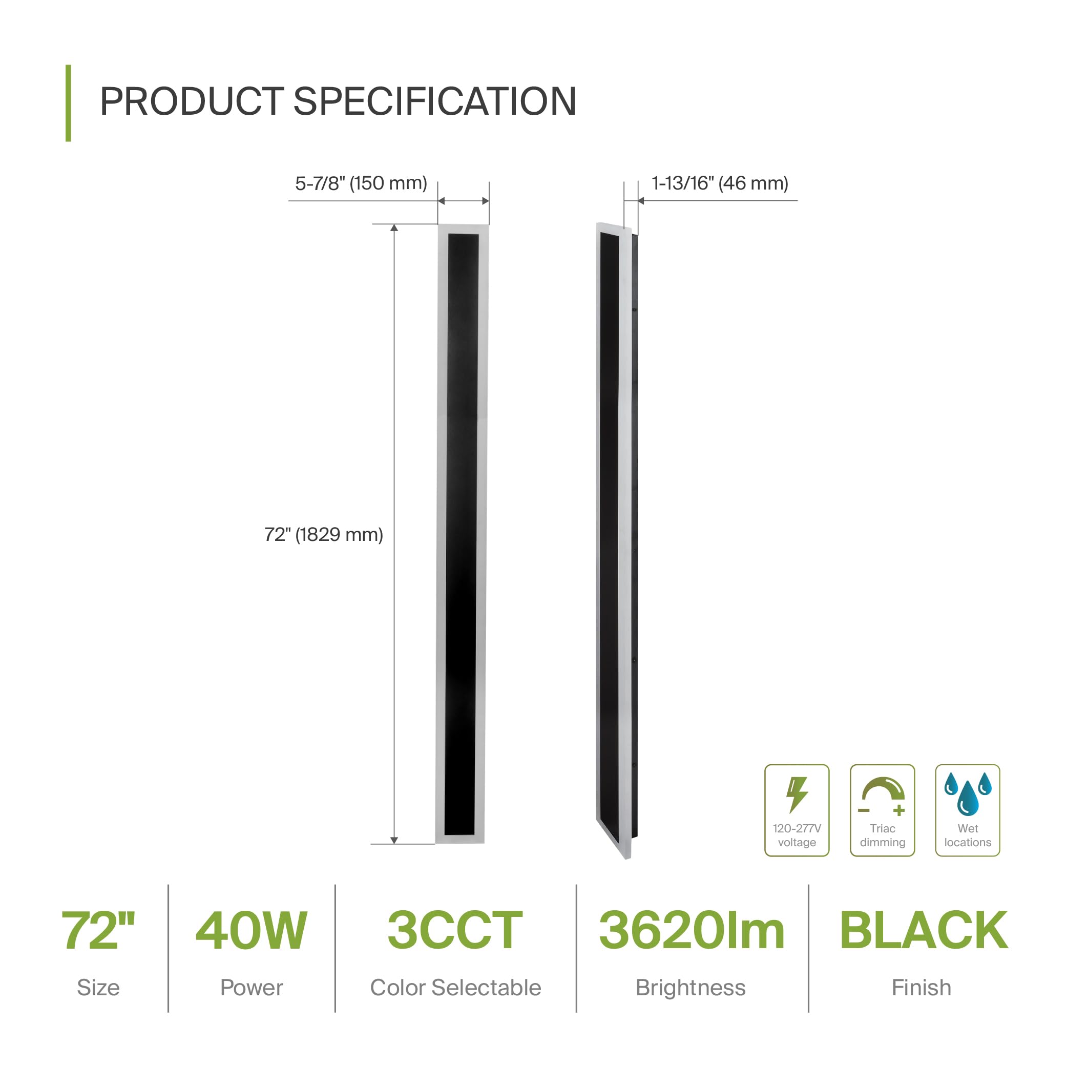 ASD LED Wall Mount Light Fixture, Dimmable, Waterproof, 72 Inch, Black, 2 Pack, Model A-LWS27A-72D40BK-2p
