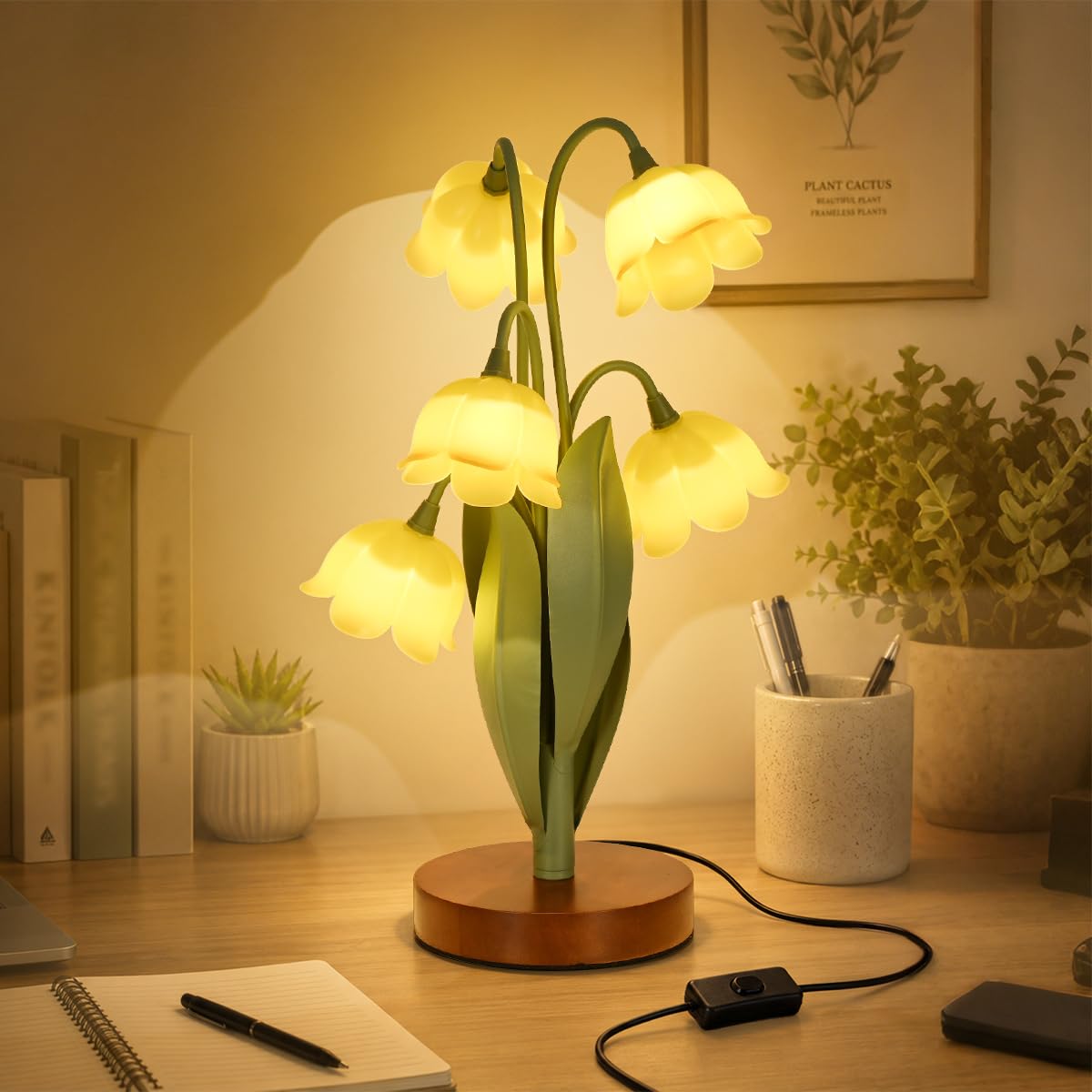 Flower Table Lamp for Bedroom, Cute Reading Light with 5 Yellow Tulip Flower of The Valley, Desk Lamp Bedside Lamps for Nightsta