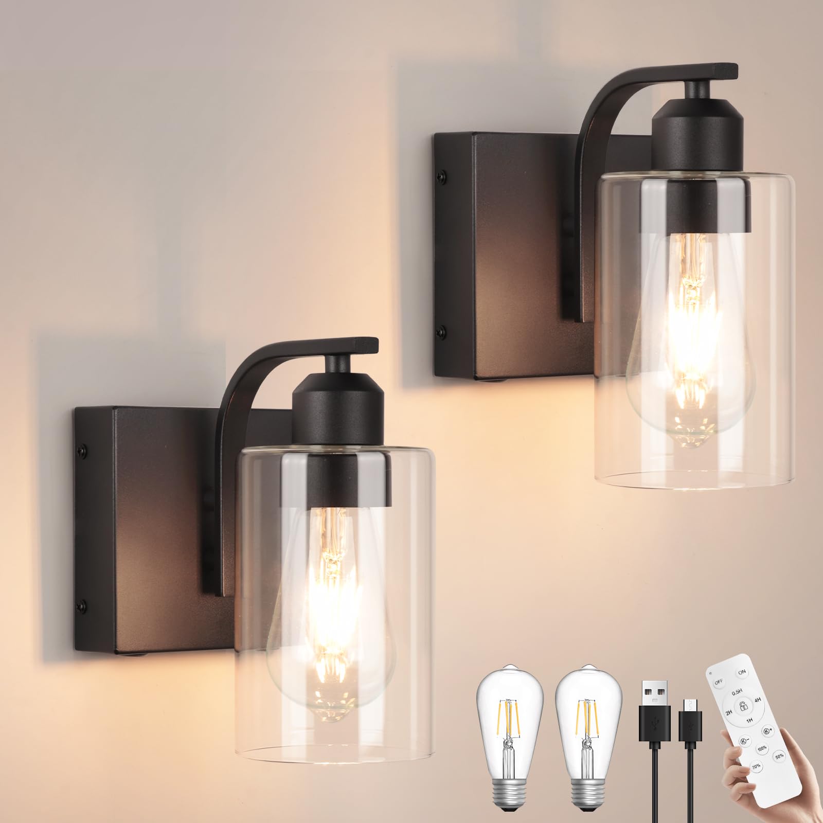 BELS Wall Sconces Set of 2, 8 Inch Dimmable Black Iron Fixtures with Clear Glass, Remote Control, Model VL-1195WT-BK-2P