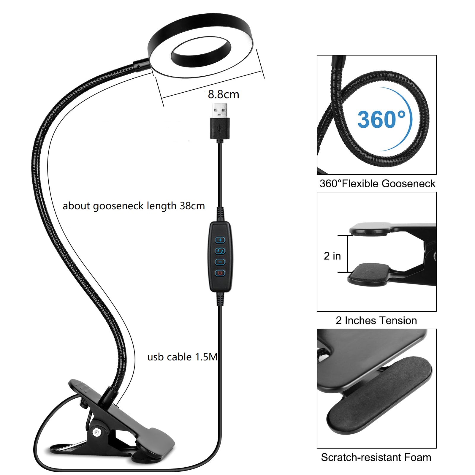 Woputne Desk Clip-On Lamp, 10 Dimmable Brightness Modes, Black Reading Light For Home Office