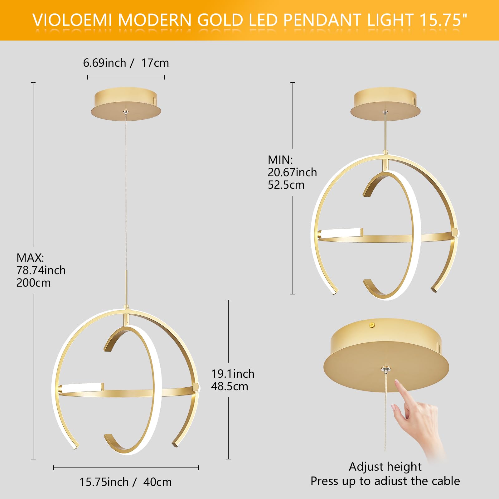 VIOLOEMI Modern Gold LED Chandelier, Round Adjustable Pendant Light Fixture, 15.75 Inch, Aluminum, Model 3019-GD40