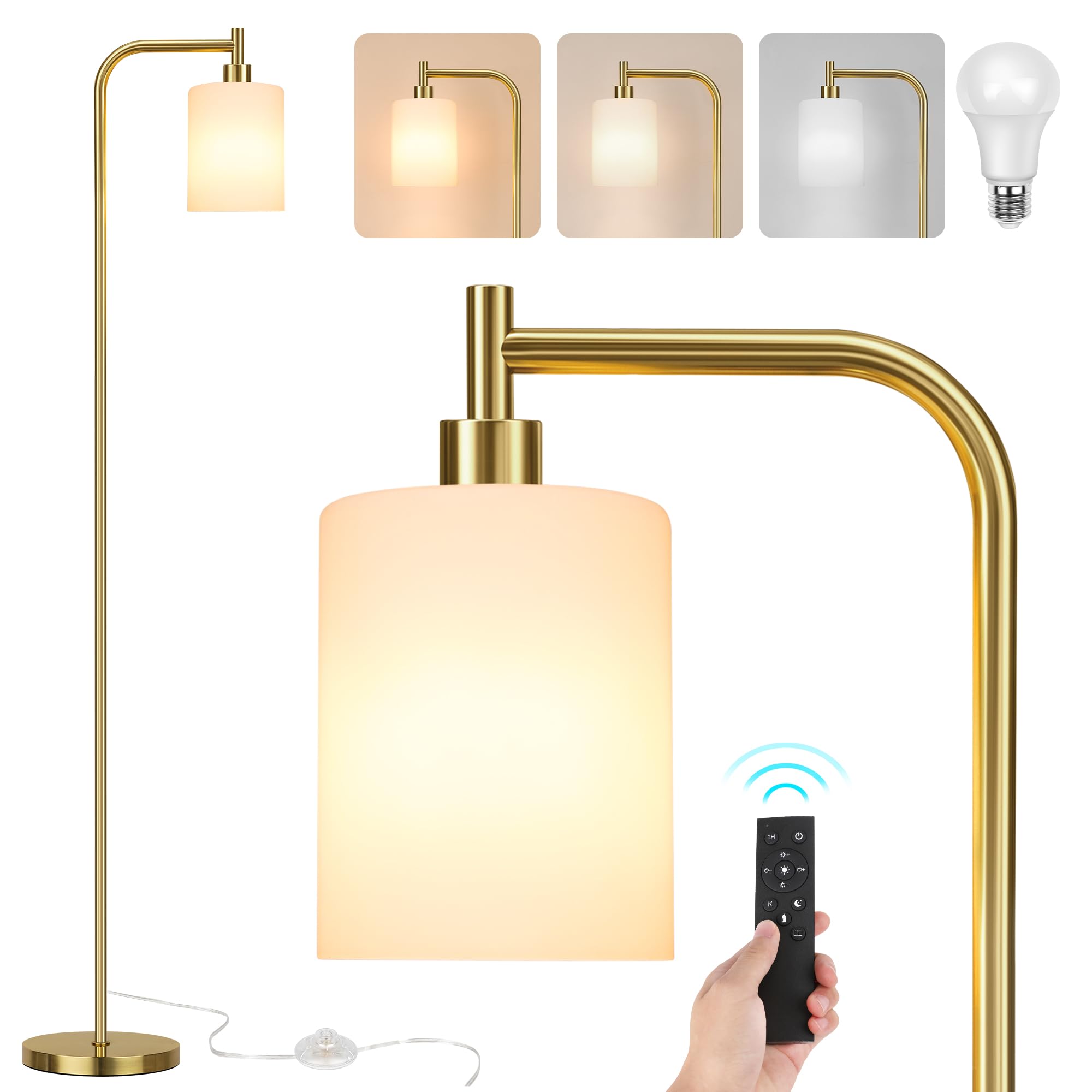 QiMH Floor Lamps for Living Room Bedroom, Gold Modern Lamp with Remote Control & Foot Switch, Industrial Standing Lamp Dimmable 