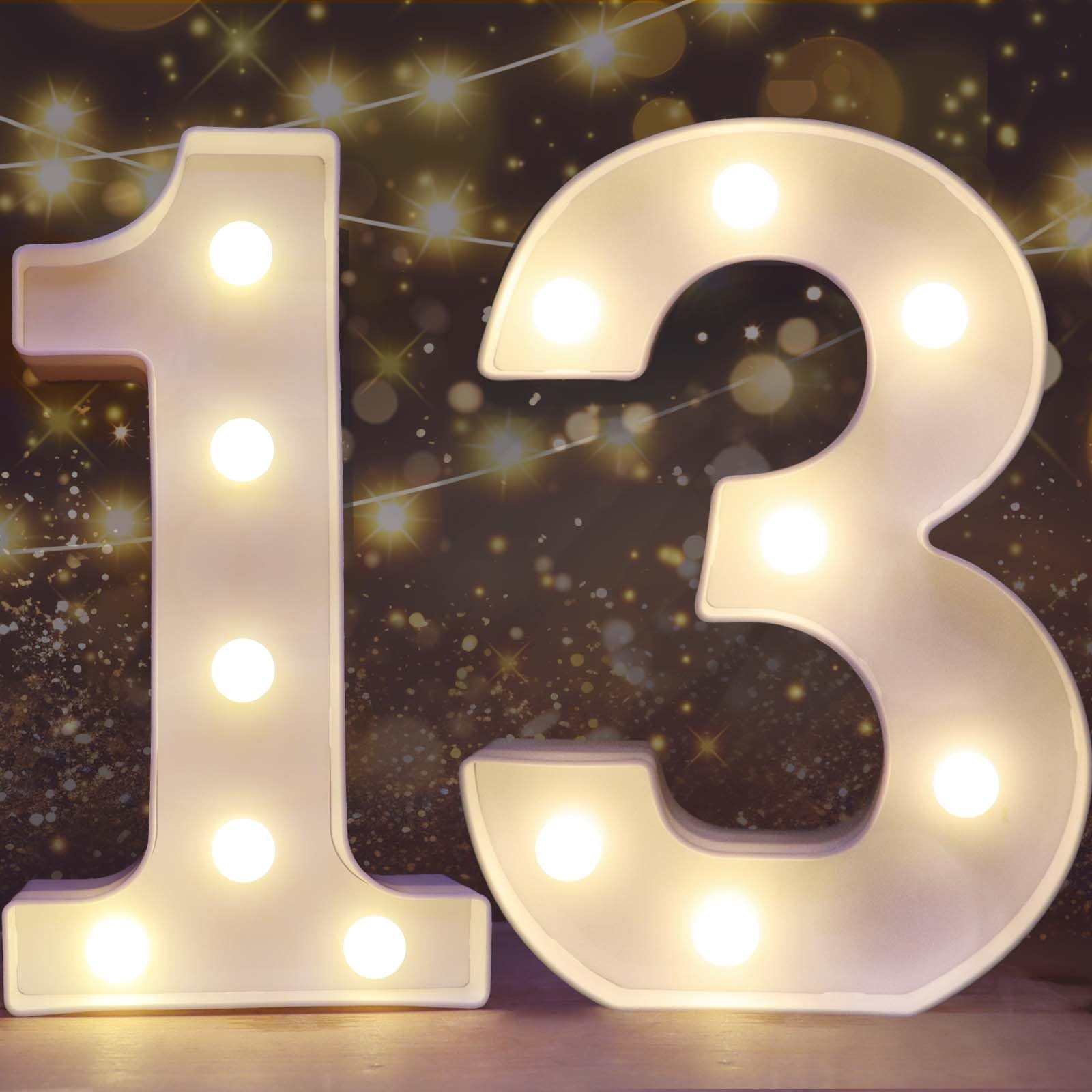 Pooqla Decorative Led Light Up Number Letters, White Plastic Marquee Number Lights Sign for 13th Birthday Party Wedding Decor Battery Operated Number (13)