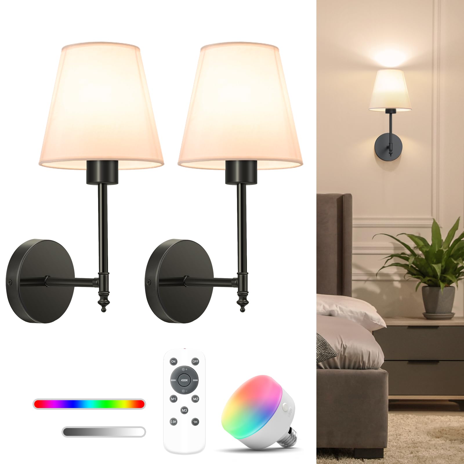 NIORSUN 14.5in Battery Operated Wall Sconce Set of 2, Black Metal, Dimmable Detachable Bulbs, Model SW017