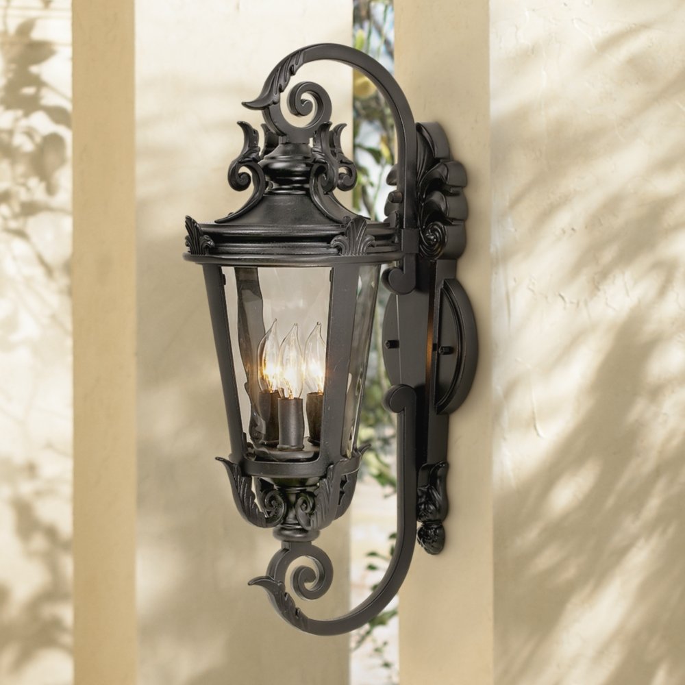 John Timberland Outdoor Wall Light Fixture, Black Metal, 21.5in High, Clear Hammered Glass, Model LP110C-7T, Mediterranean Style