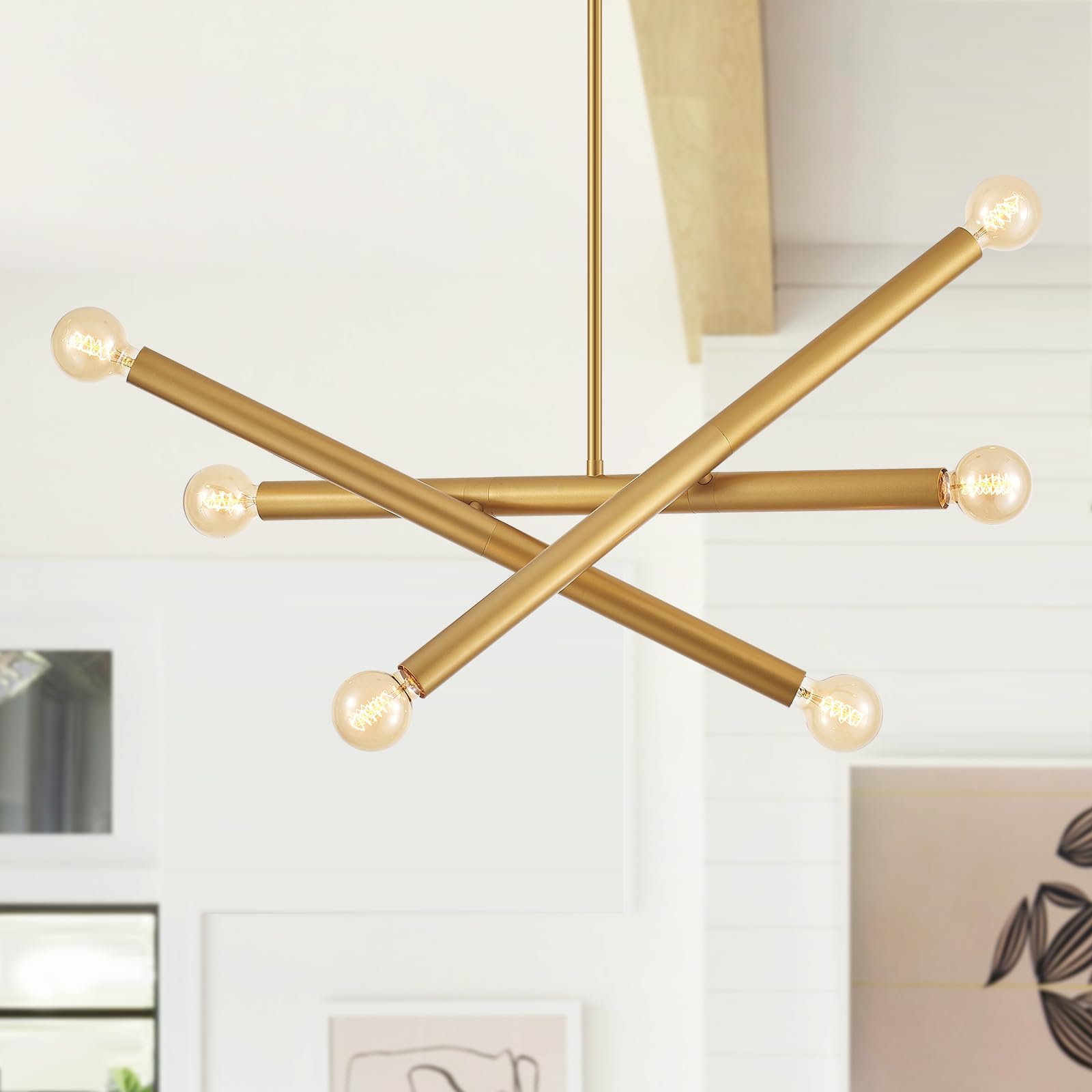 Vanzarla Modern Dining Room Chandelier, Gold Sputnik Chandeliers Bedroom, Vintage Pendant Light Kitchen, 6-Light Adjustable Hang