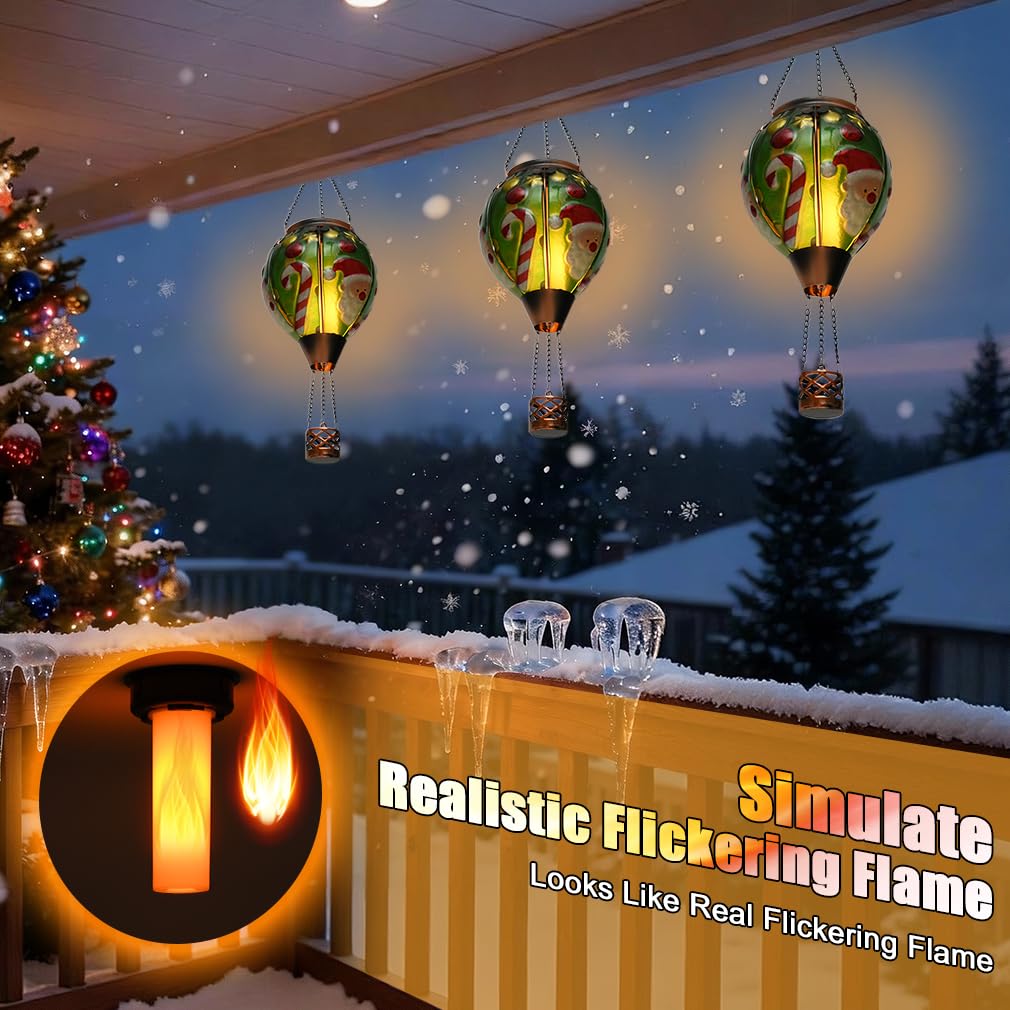 Solar Powered Hot Air Balloon Lantern - Christmas Santa Glass Lantern  Simulated Flickering & Dancing Flame  Outdoor Hanging Yard Light Waterproof Ip65 For Patio Lawn Porch Xmas Decor Gift