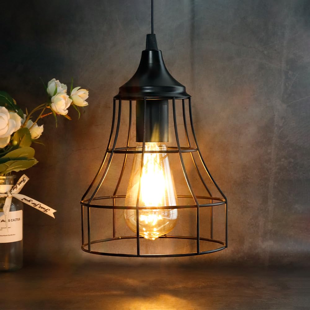 JHY DESIGN Hanging Lamp Black Battery Powered Decorative Pendant Lamp Metal Cage Battery Lamp with 6 Hours Timer for Bar Bedroom
