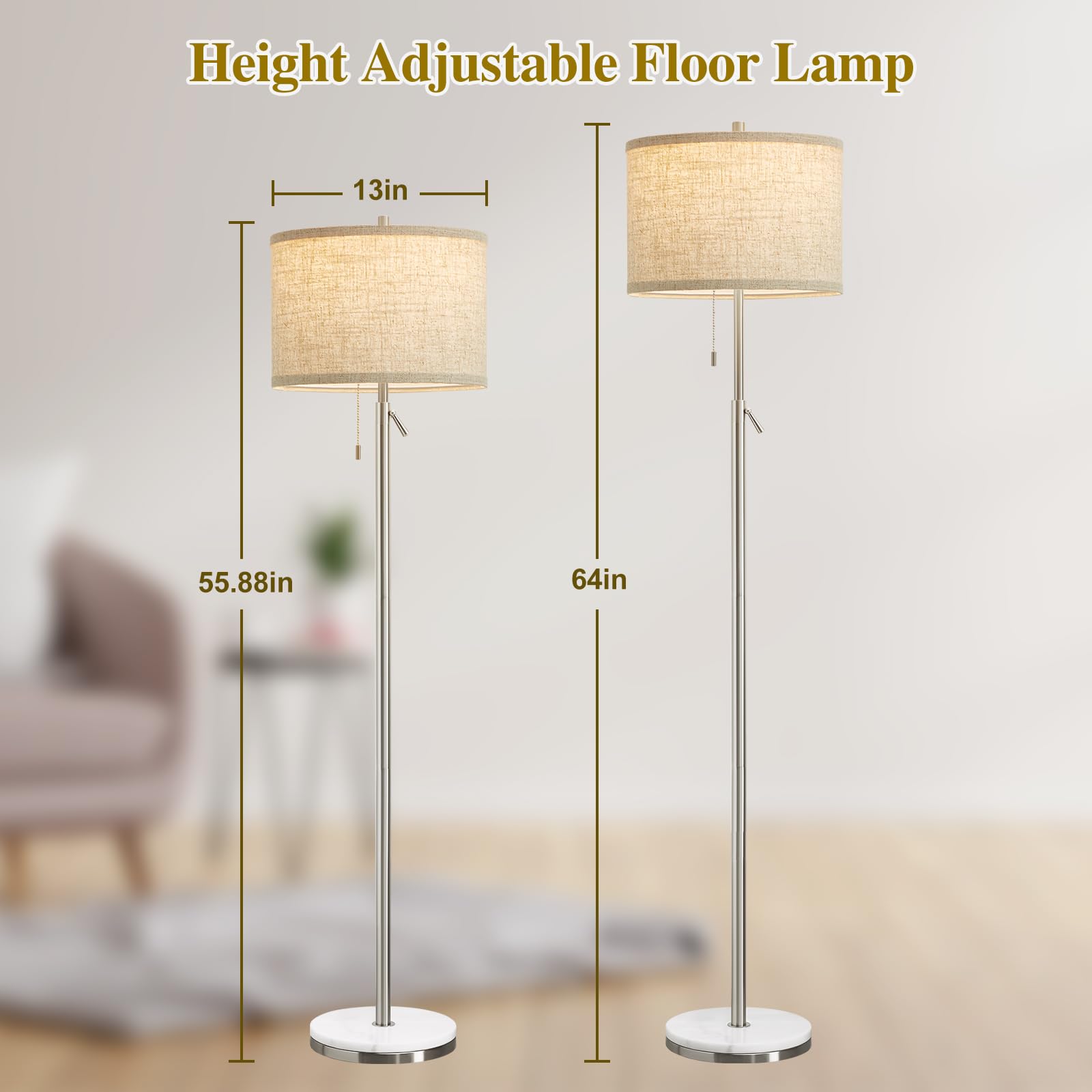 GyroVu Marble Floor Lamp, Adjustable Height, Silver, Pull Chain Switch, Tall Standing Lamp for Living Room, Bedroom & Office