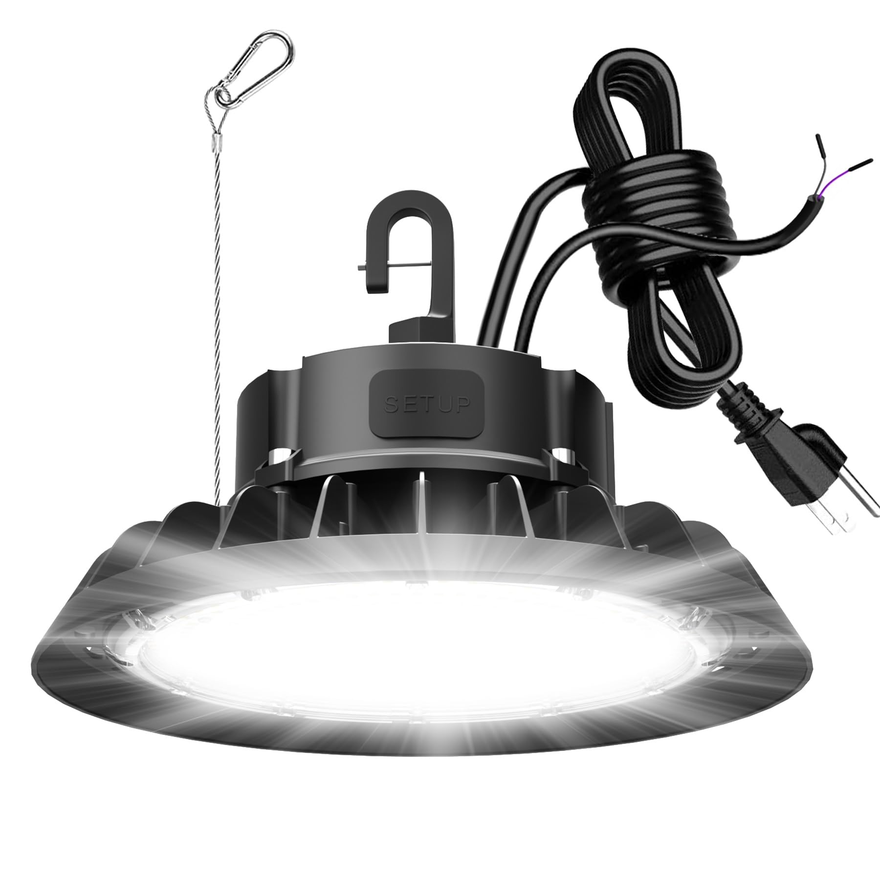 UFO LED High Bay Light 150W, 22,500LM 0-10V Dimmable, 5' Cable with US Plug, Hanging Hook, Safe Rope, ETL Listed Shop Lights for