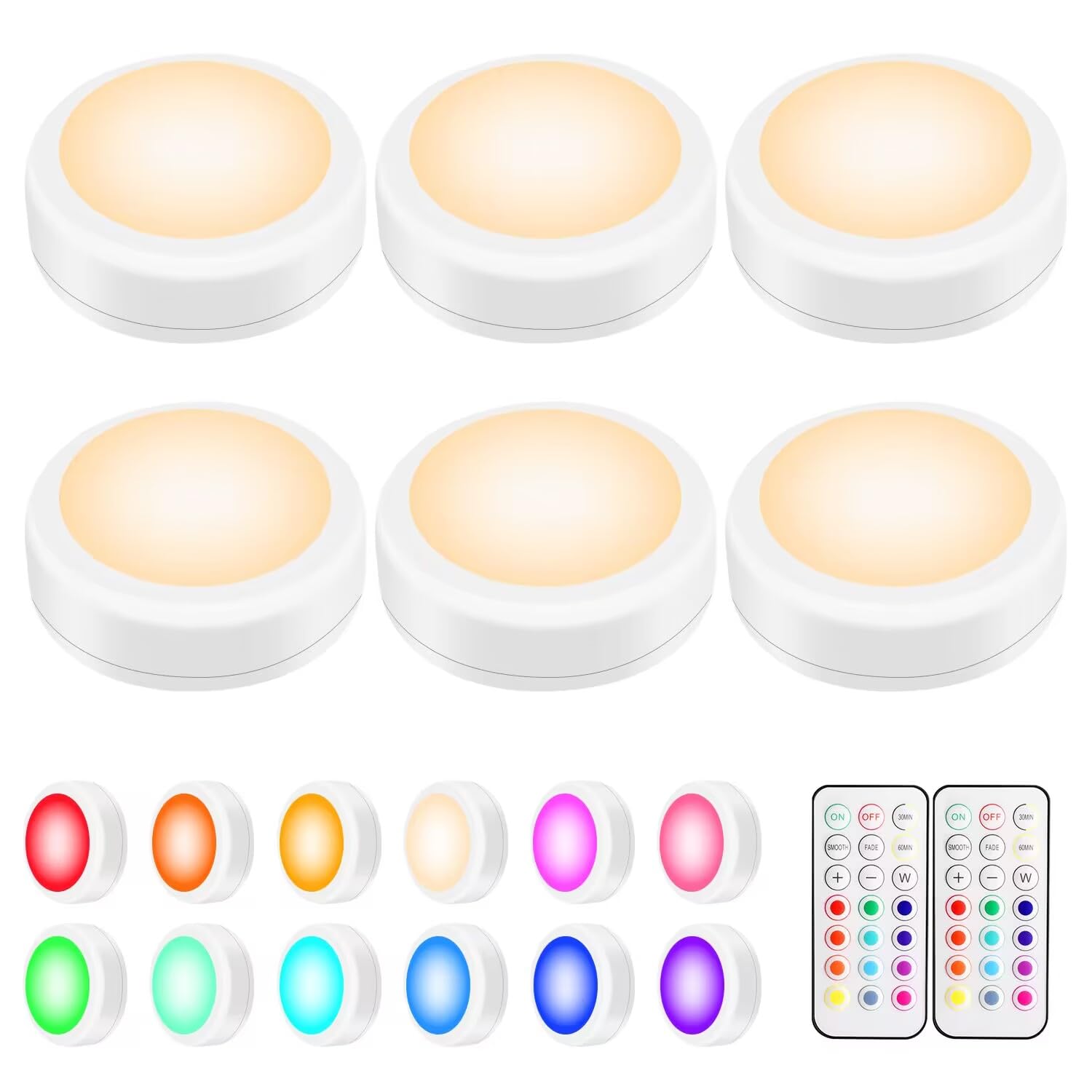 Alivation Led Under Cabinet Lighting, 6 Color Changing Puck Lights With Remote Control, White