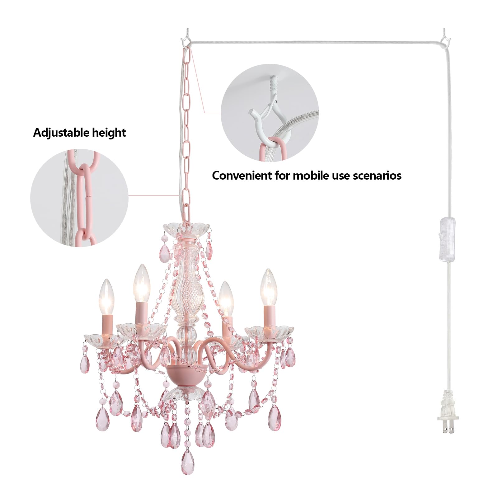 Plug In Crystal Pink Chandelier, (Not Acrylic Crystal),Mini 4 Lights For Girls Room,Pink Crystal Hanging Pendant Light With Clea
