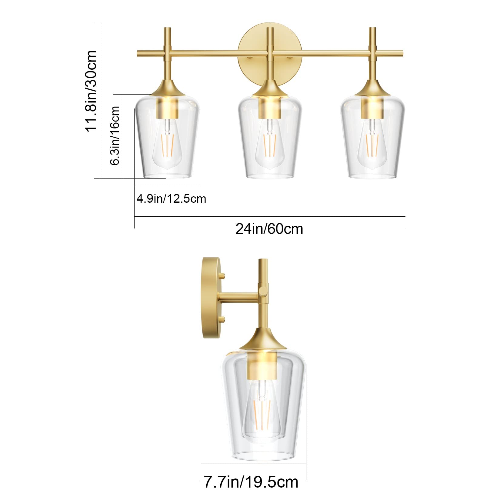 Ralbay Gold Bathroom Vanity Light 3-Lights Metal Clear Glass Wall Fixture Model 1117