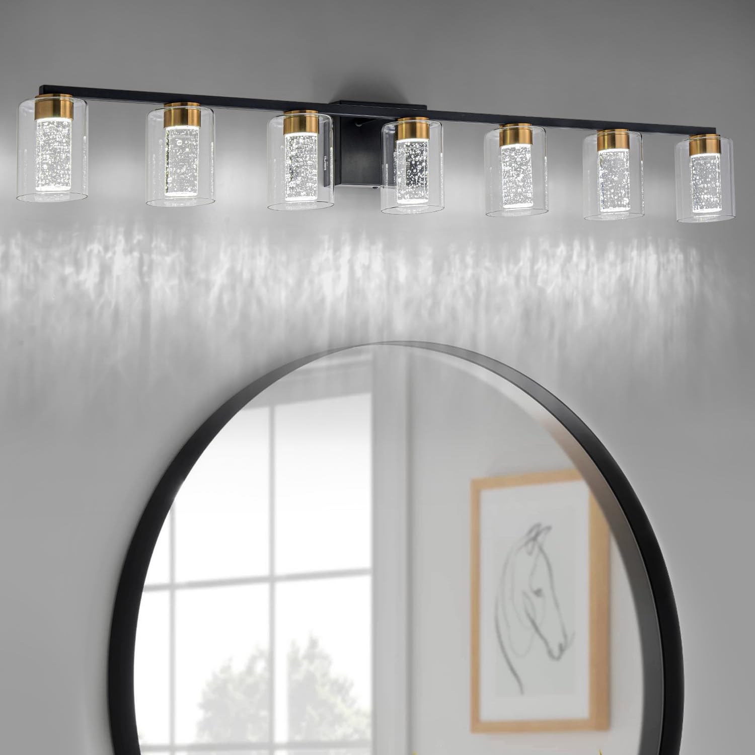 Sinerise 7-Light Black And Gold Vanity Light With 3 Color Modes (3000K/4000K/6000K), Eye Protection Led Bathroom Light Fixture,