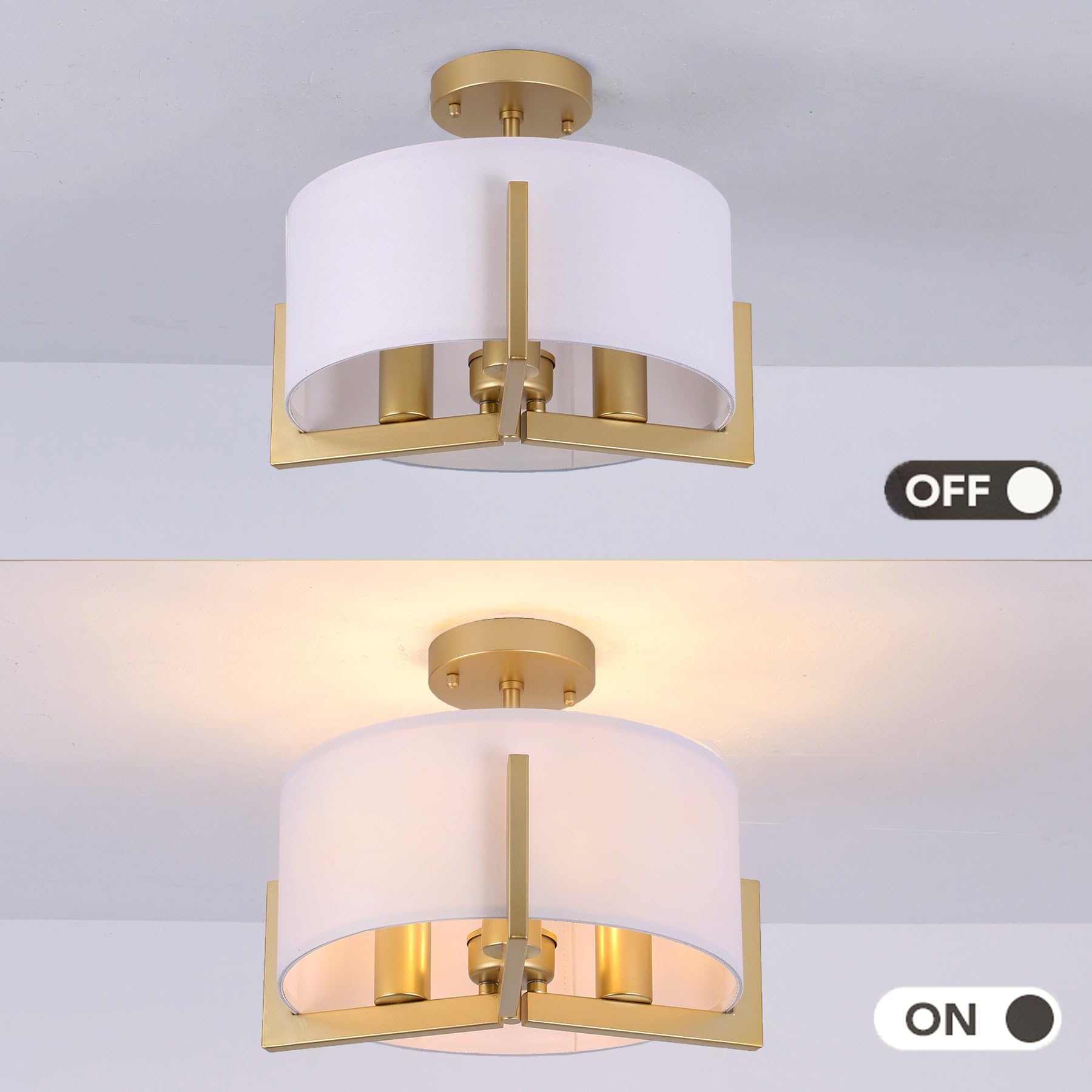 Mecuss Semi Flush Mount Ceiling Light 14 Inch, 3 Light Gold Industrial Light Fixtures Ceiling Mount With White Drum Fabric Shade