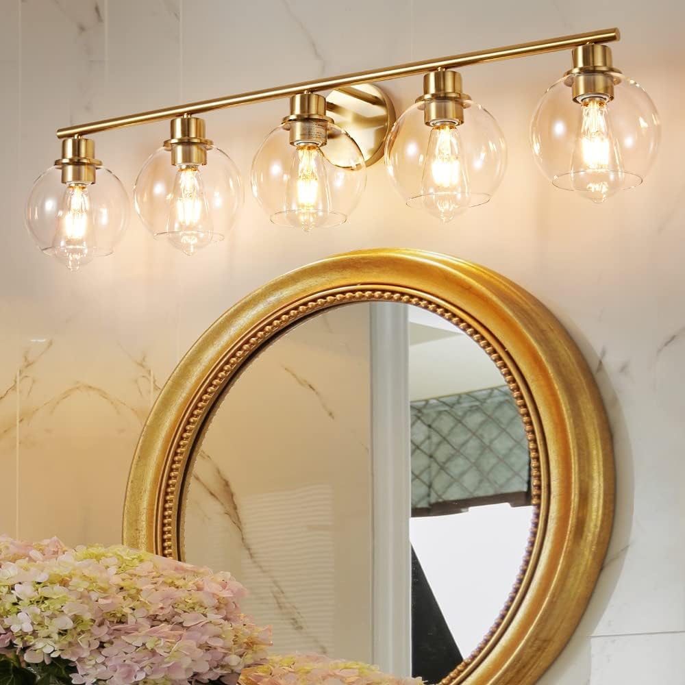 Lanmate Bathroom Light Fixtures Over Mirror 5-Lights Bathroom Vanity Light With Clear Glass Shade 37.5 Inch Modern Wall Sconce G