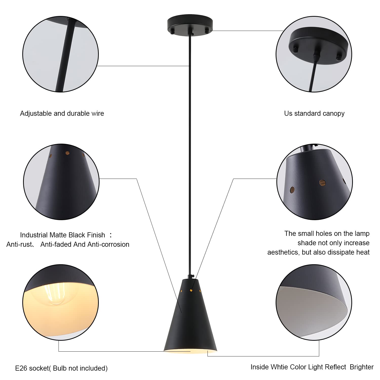 Dijiahua Black Pendant Light - Modern Industrial Chandelier, Metal Shade, Adjustable Cord, Mini Size, 1 Pack