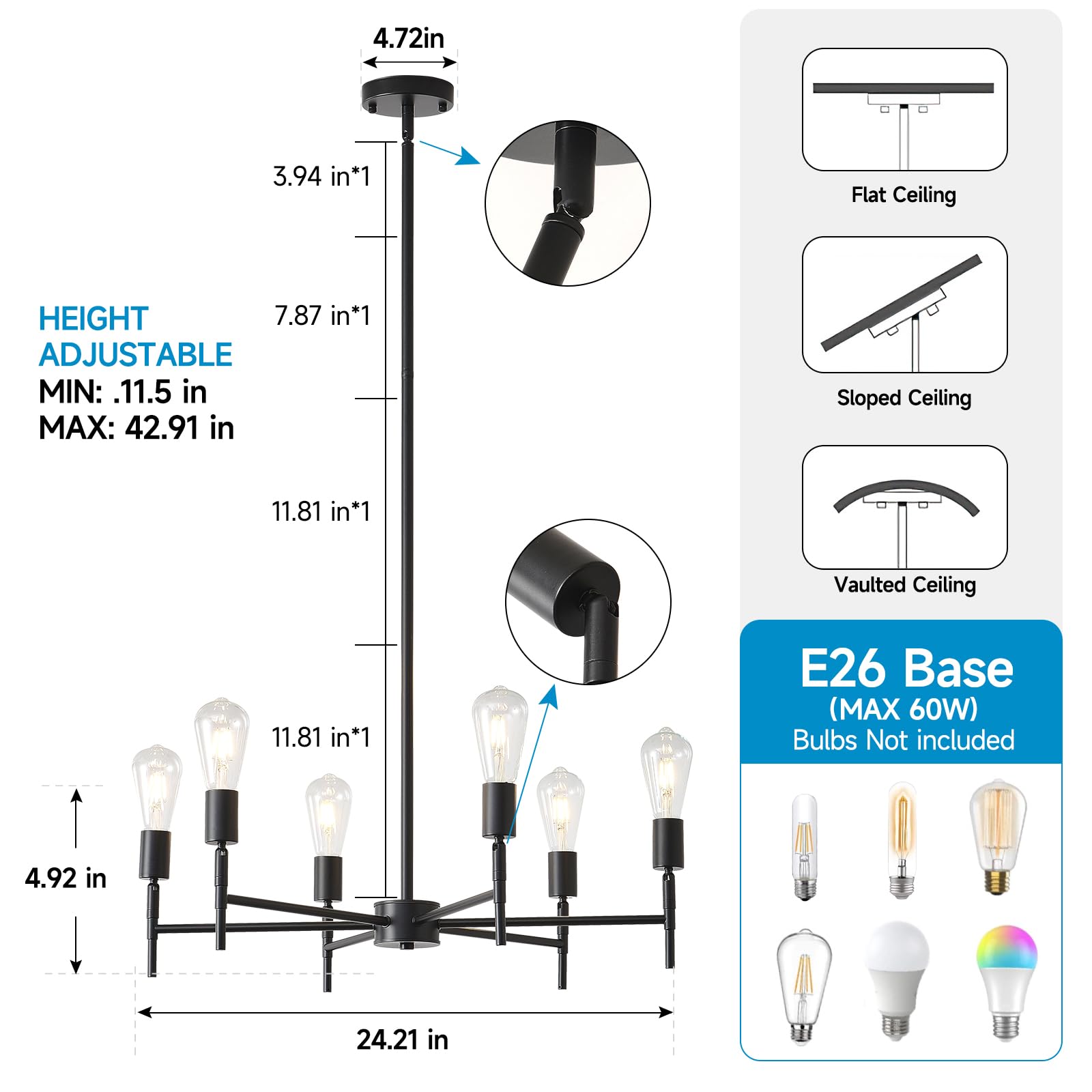 Nilse Black Chandelier, 6-Light Dining Room Chandelier Rotatable Bulb Socket Industrial Vintage Ceiling Light Fixture 24-Inch, H