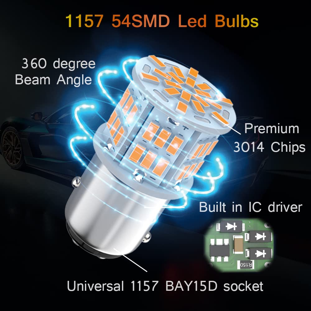Melphan-Auto 1157 LED Amber Light Bulb, 12V-24V, 54SMD 3014 Chipset, 2PCS Replacement for Brake/Tail Light