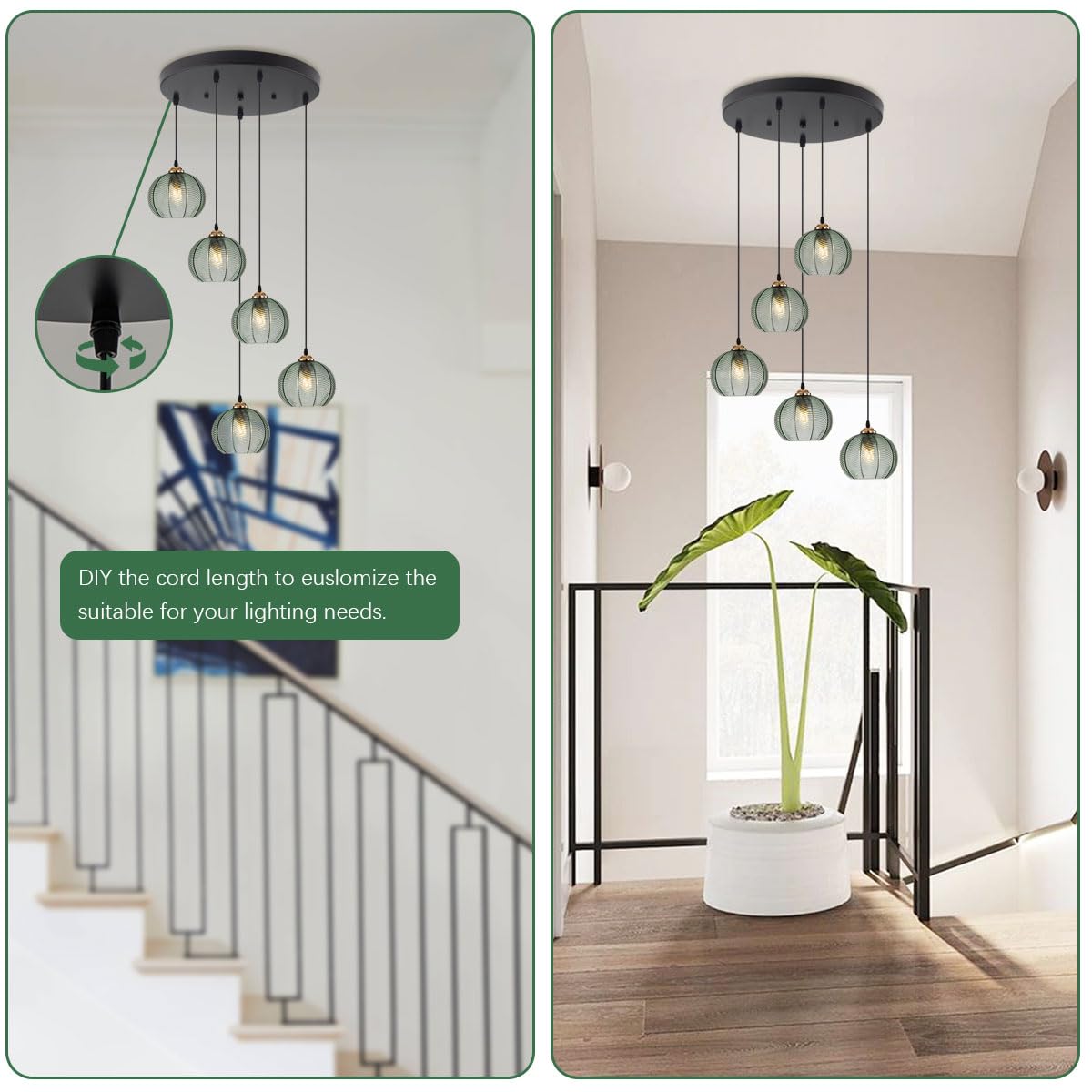 Aoodu 5 Light Chandelier For Entryway Green Glass Pendant Light 9.84 Ft Long High Ceiling Chandelier Hand Blown Shade Mid Centur