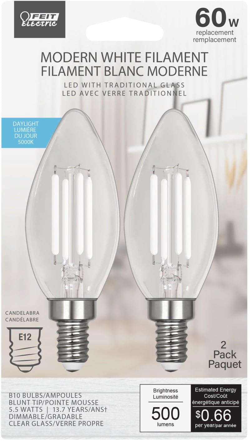 Feit Electric LED Bulb, 5.5W, 60W Equivalent, E12 Base, 5000K, 90 CRI, 500 Lumen, Clear, Model BP