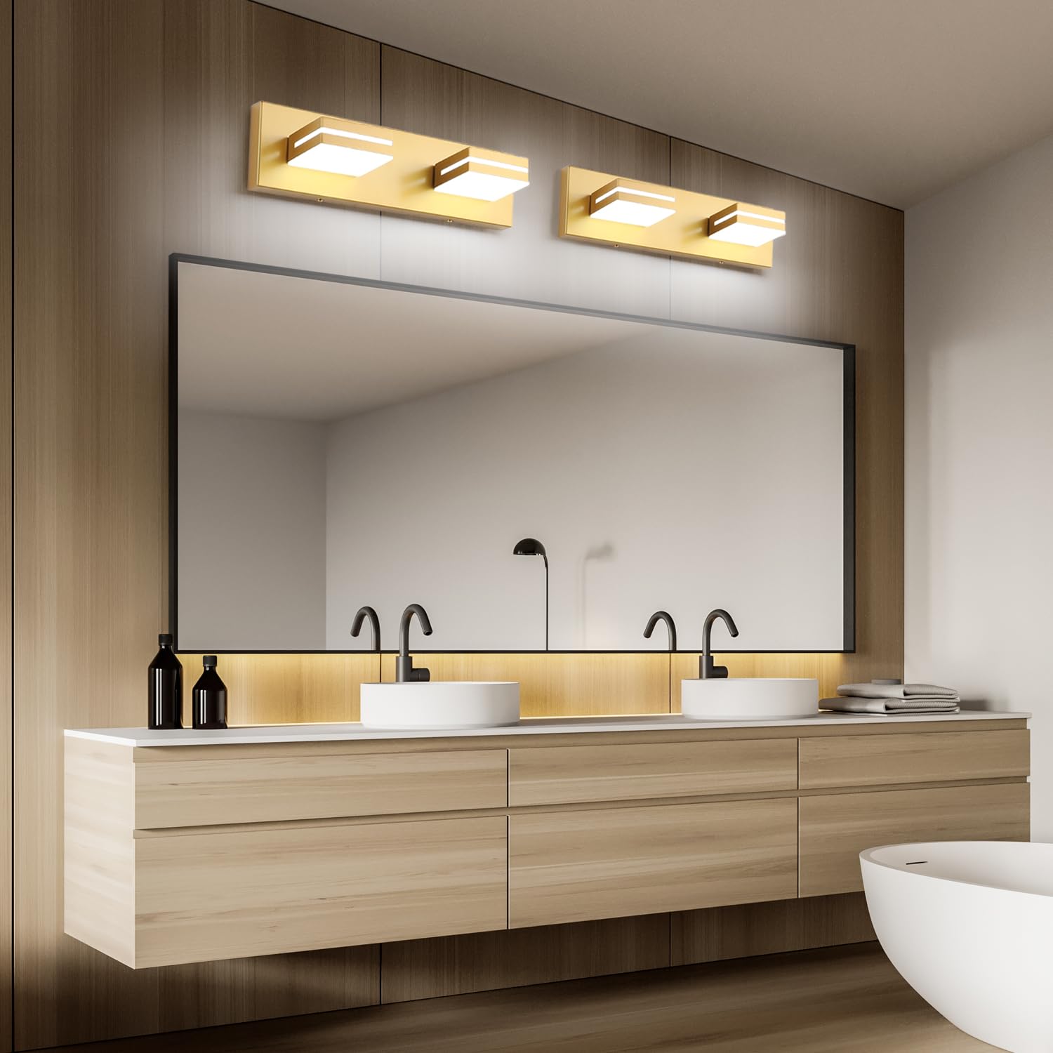 Sinerise Led Modern Bathroom Vanity Light Fixtures (2-Light, 15.5-Inch), Matte Gold Modern Acrylic Bathroom Wall Lighting Fixtur