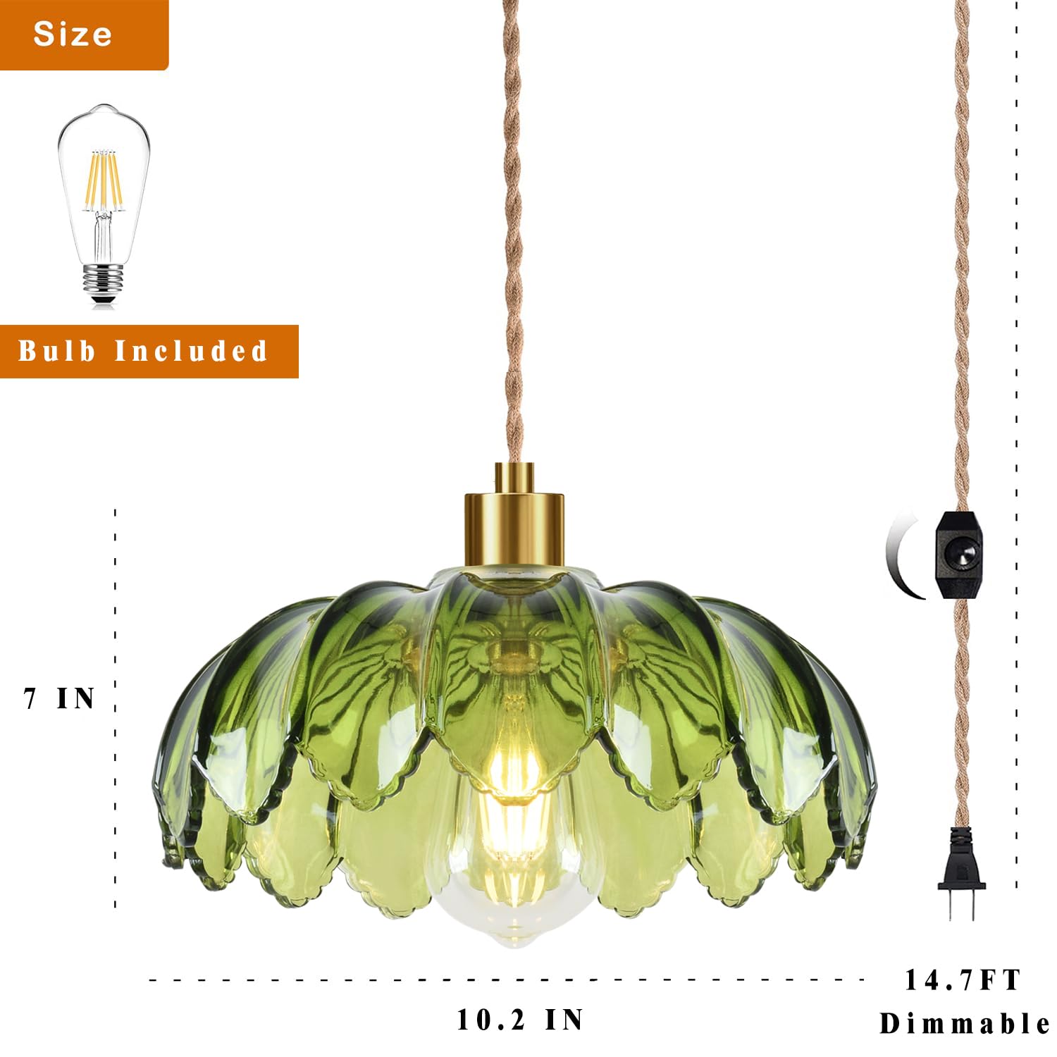 QIYIZM Pendant Light Dimmable Glass Chandelier 12in Gold Green Vintage Boho for Living Room, Kitchen