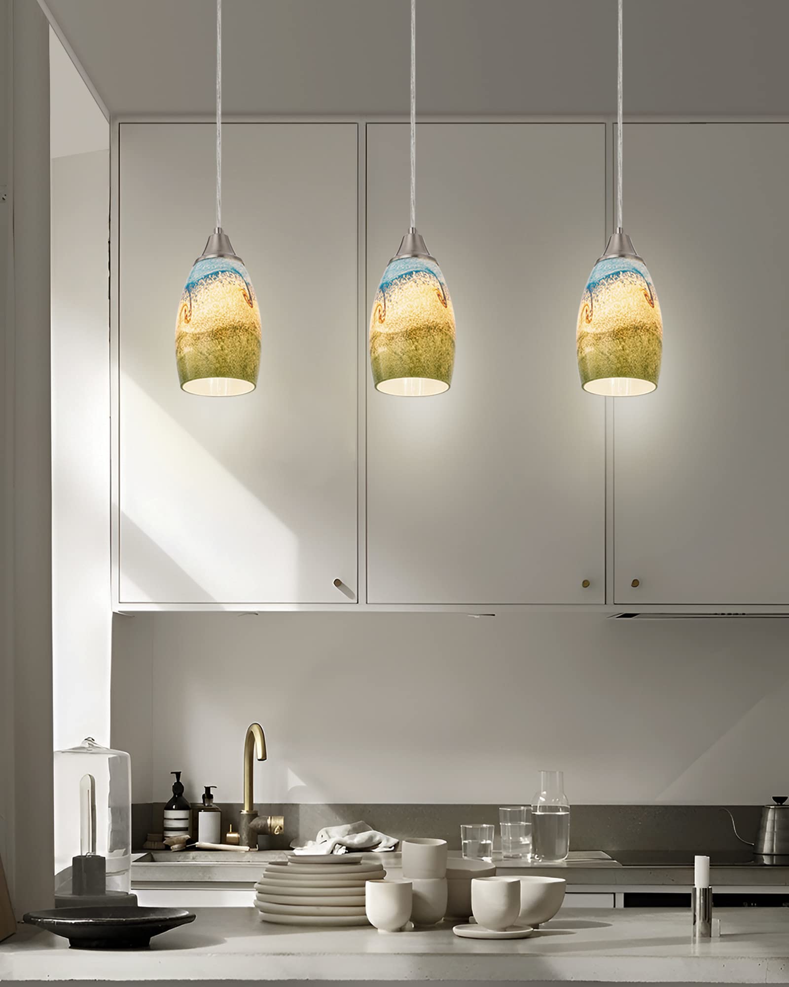 Karyfine Mini Glass Pendant Lights,Blown Art Glass Pendant Hanging Light Fixtures Kitchen Island Pendant Lamp Shade With Brushed Nickel Finish For Bar Counter,Hallway,Dining Room Multi Color-1P