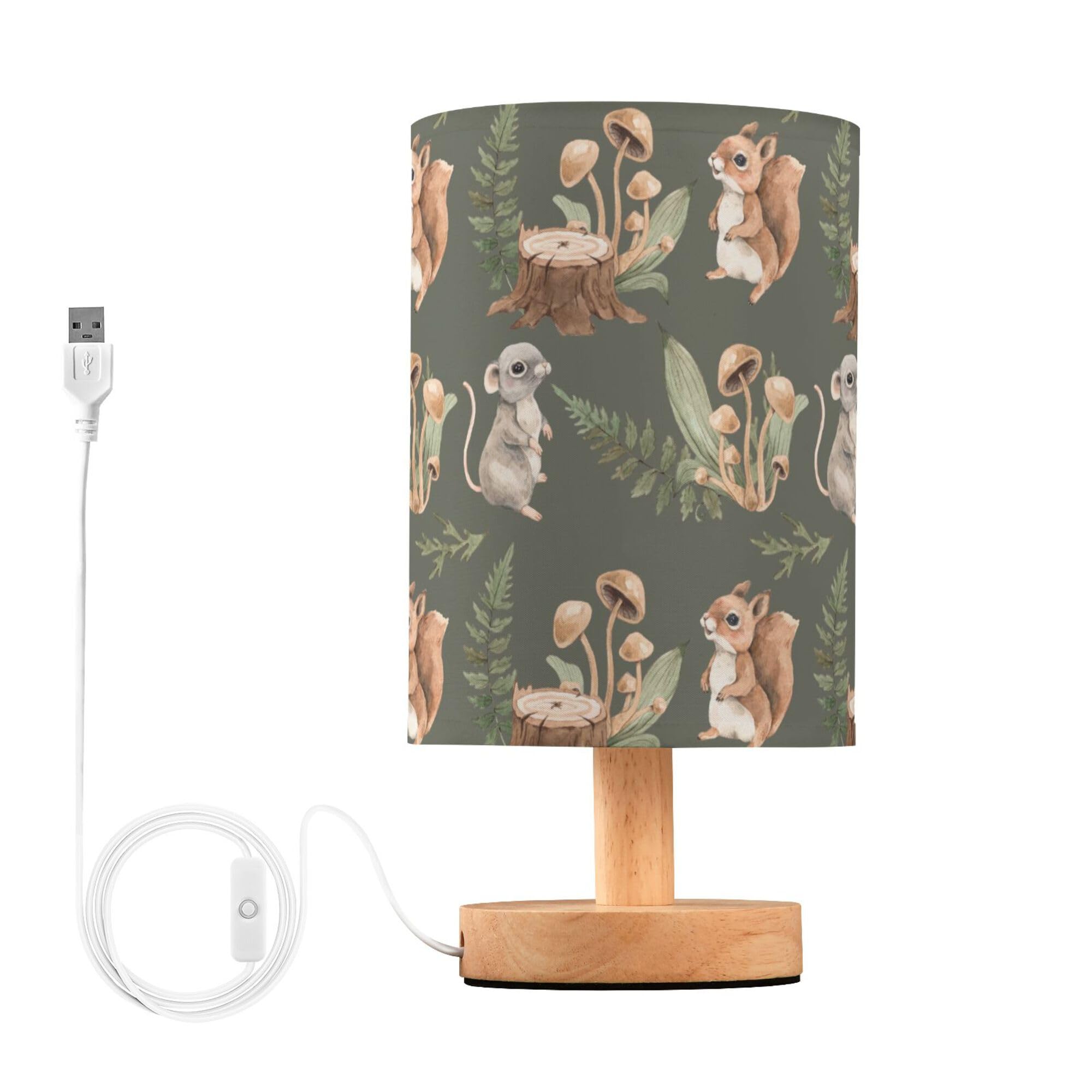 YYZZH Table Lamp with Squirrel Mouse Stump Fern Mushroom Forest Animal Pattern - Wood Base Fabric Shade Nightstand for Living Ro