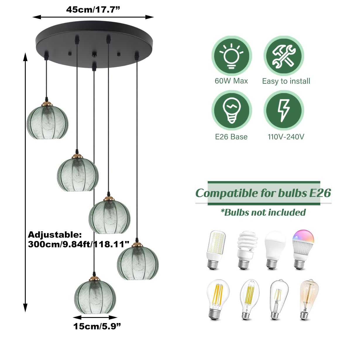 Aoodu 5 Light Chandelier For Entryway Green Glass Pendant Light 9.84 Ft Long High Ceiling Chandelier Hand Blown Shade Mid Centur