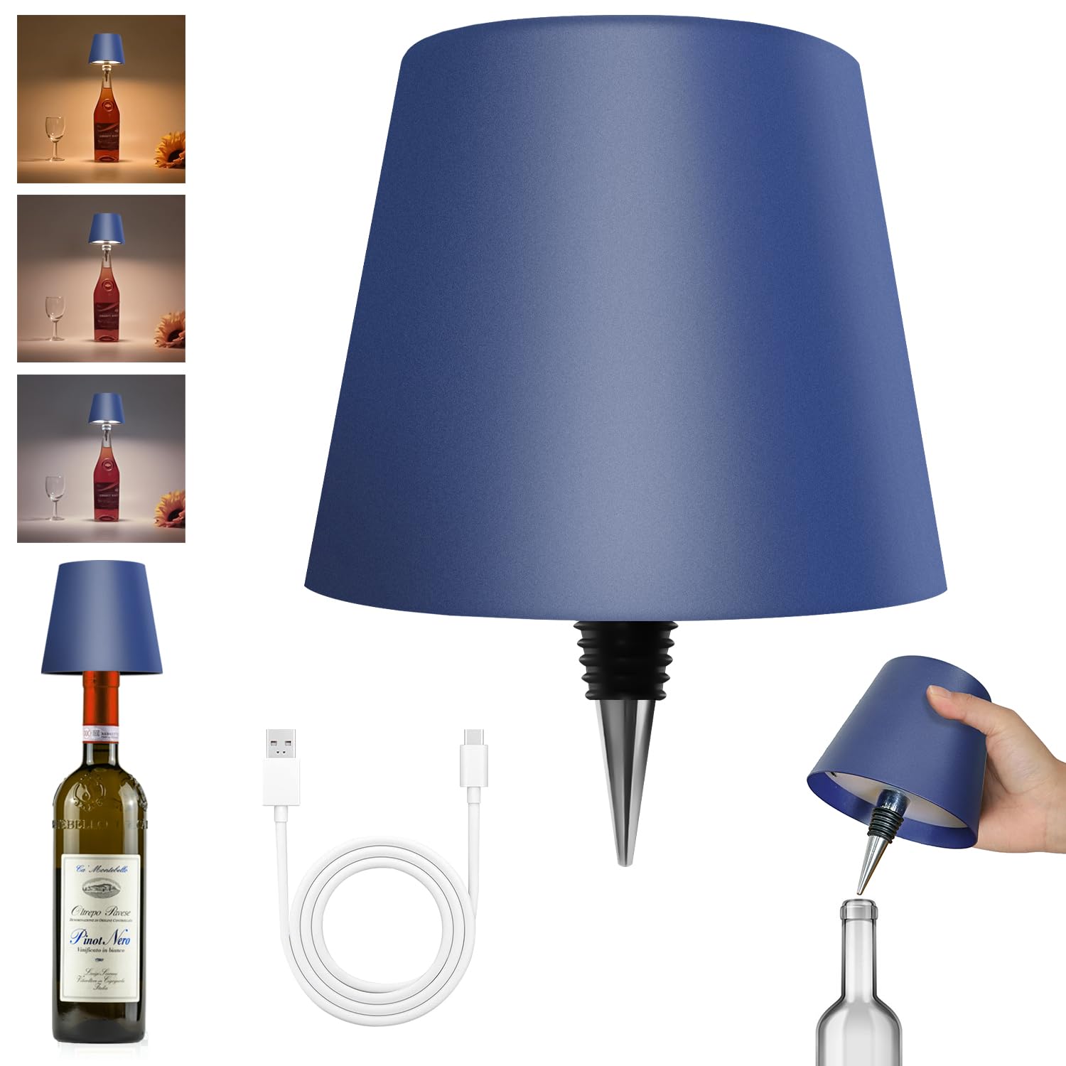Hoide Wireless Bottle Lamp - Touch Dimming, Rechargeable, Waterproof - 5.7in, Sapphire Blue