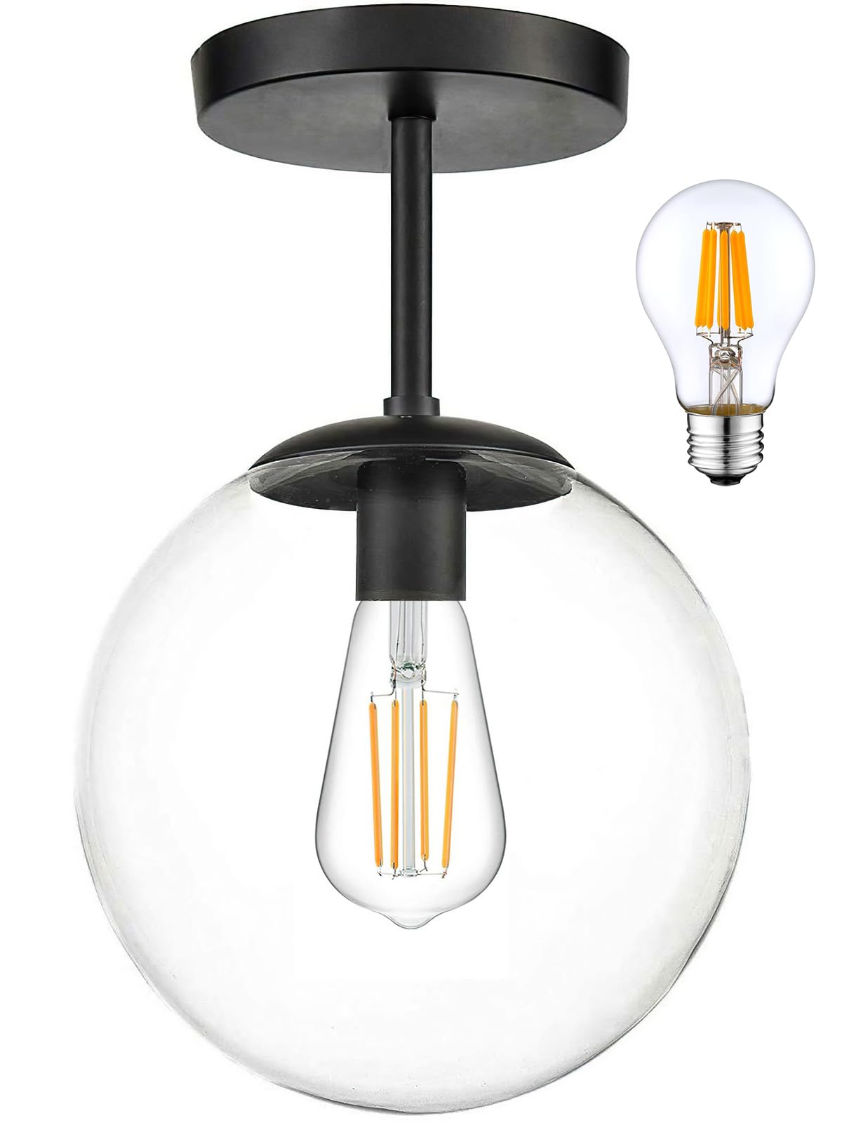 Koko&Yukina Clear Glass Globe Semi Flush Mount Ceiling Light, Matte Black, 8 Inch