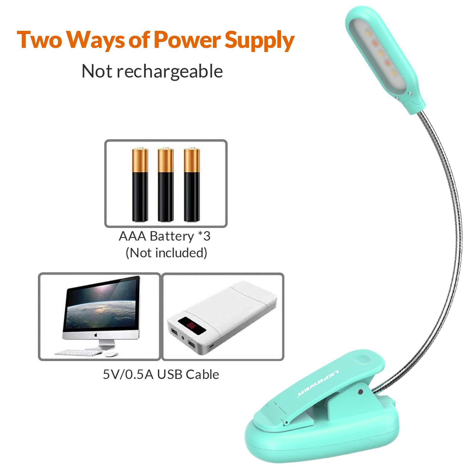 Lepower Clip On Book Light/Reading Light/Clip Lamp With 5 Led Eye Care, 3 Color Changeable, Portable Reading Lamp, Battery Opera