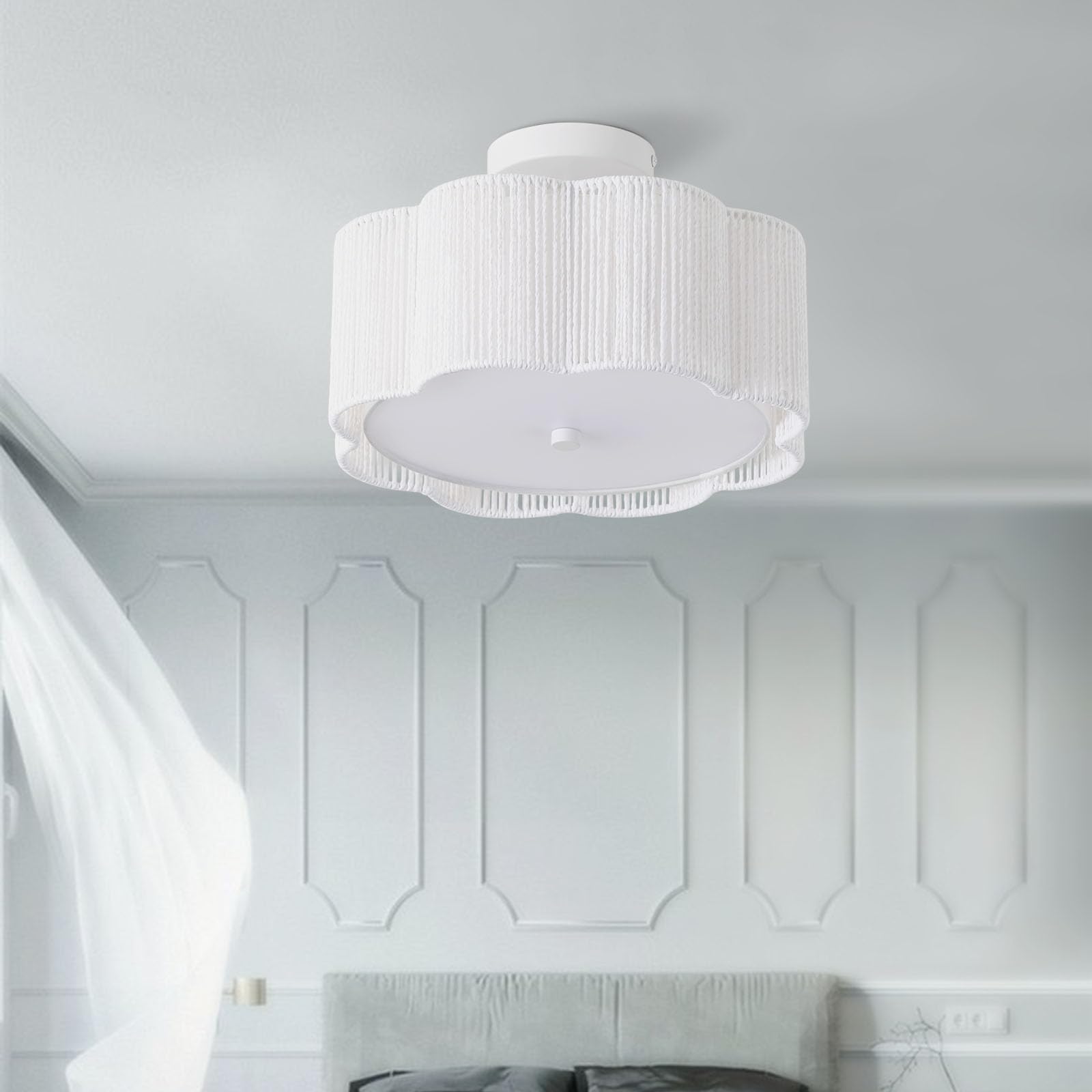 Giutna Rattan Ceiling Light Fixture, 3-Light Boho Design, 13.4" Flush Mount, White, Modern Chandelier for Bedroom, Hallway, Kitchen