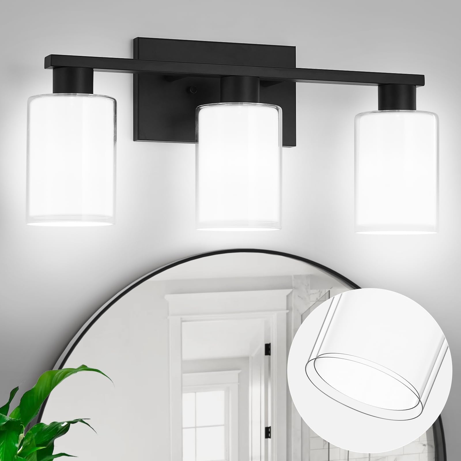 Bathroom Light Fixtures, 3 Lights Matte Black Vanity Light With White Glass And Clear Glass Lampshade, Modern Bathroom Vanity Lights Over Mirror, Bath Wall Sconces Lighting For Living Room Hallway