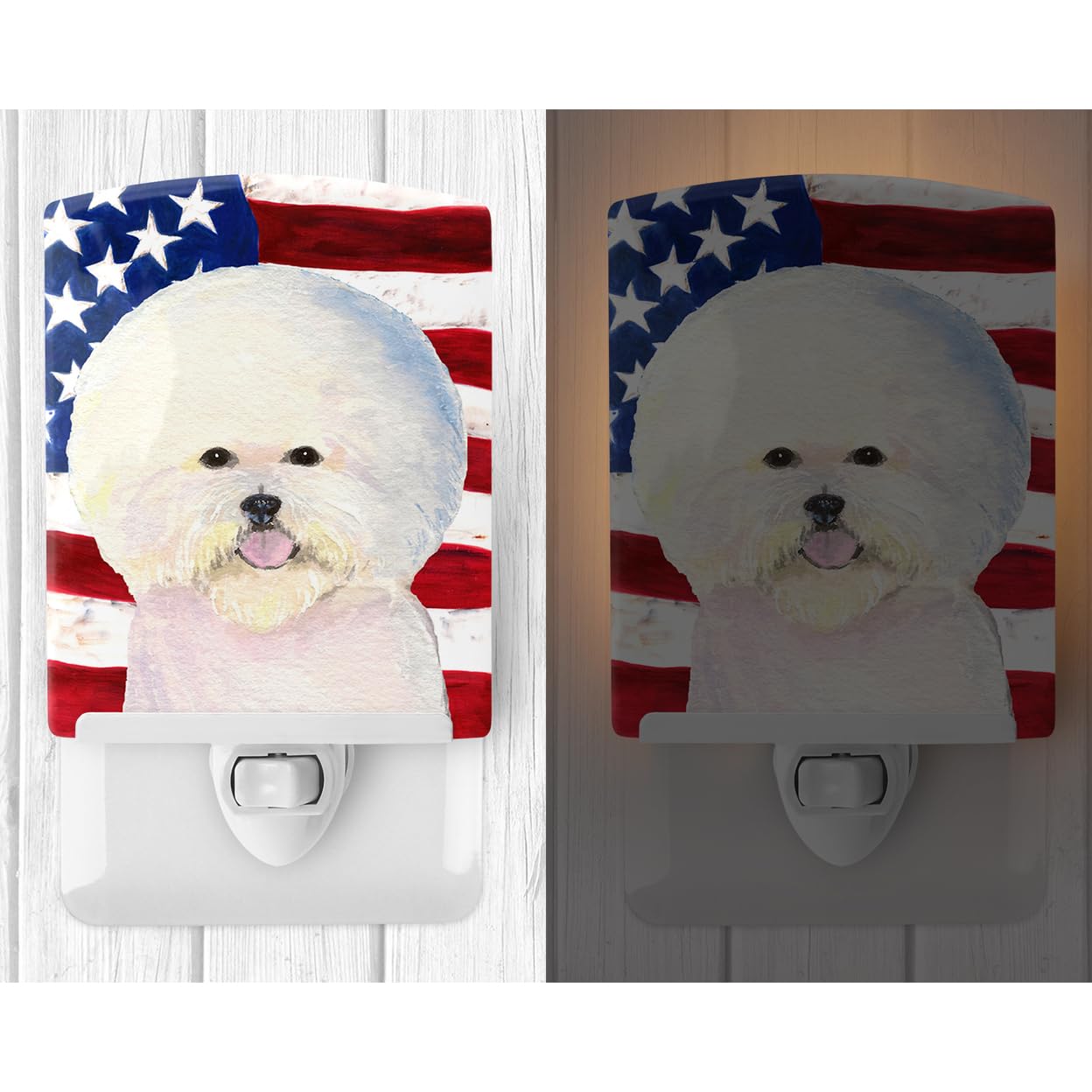 Carolines Treasures Ceramic Night Light, USA Flag & Bichon Frise, UL-Certified, 6x4x3in, Multicolor, Model SS4011CNL