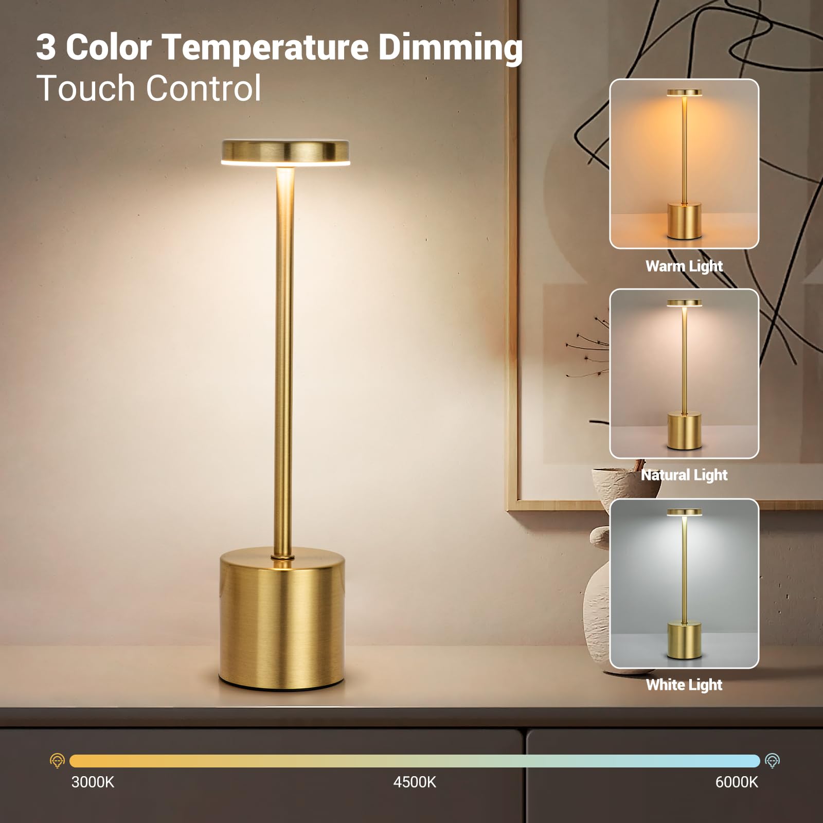 Zoopeen Gold Cordless Table Lamp Set Of 2,Rechargeable 5200Mah Battery Operated Touch Desk Lamp,3 Color Stepless Dimming Up Beds